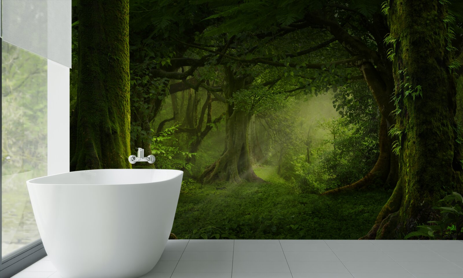 Fototapet razele soarelui pătrund în copacii dese ai pădurii