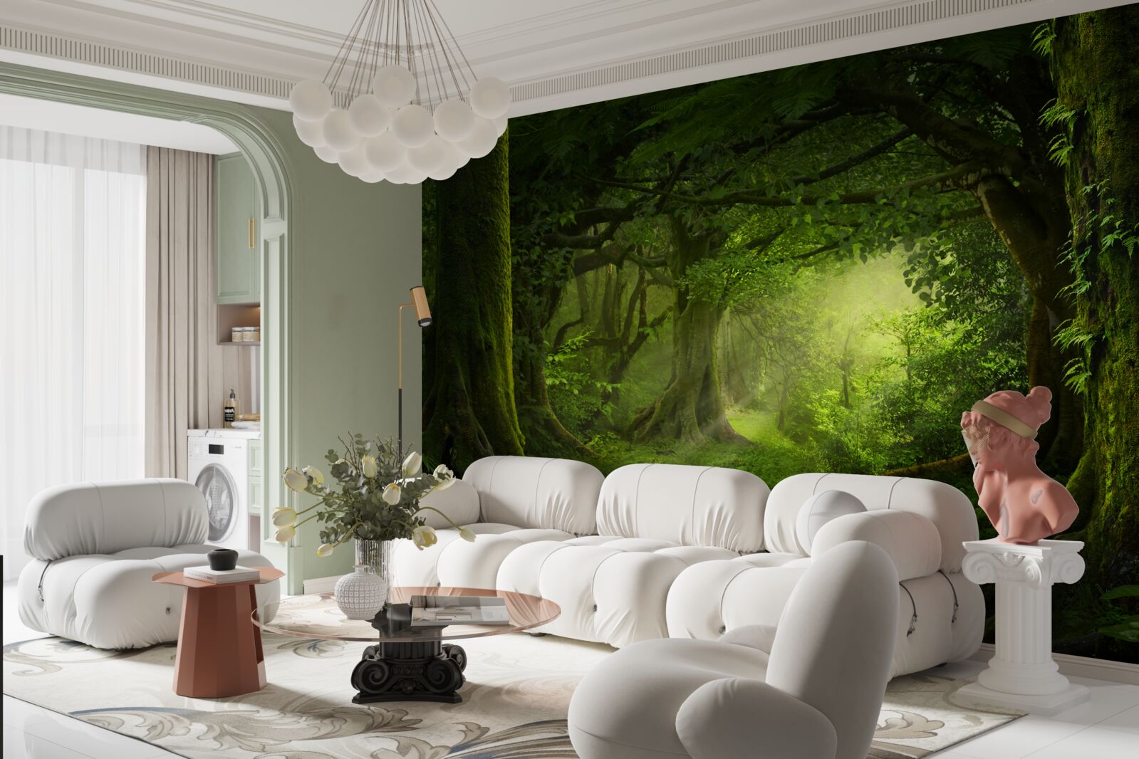 Fototapet razele soarelui pătrund în copacii dese ai pădurii