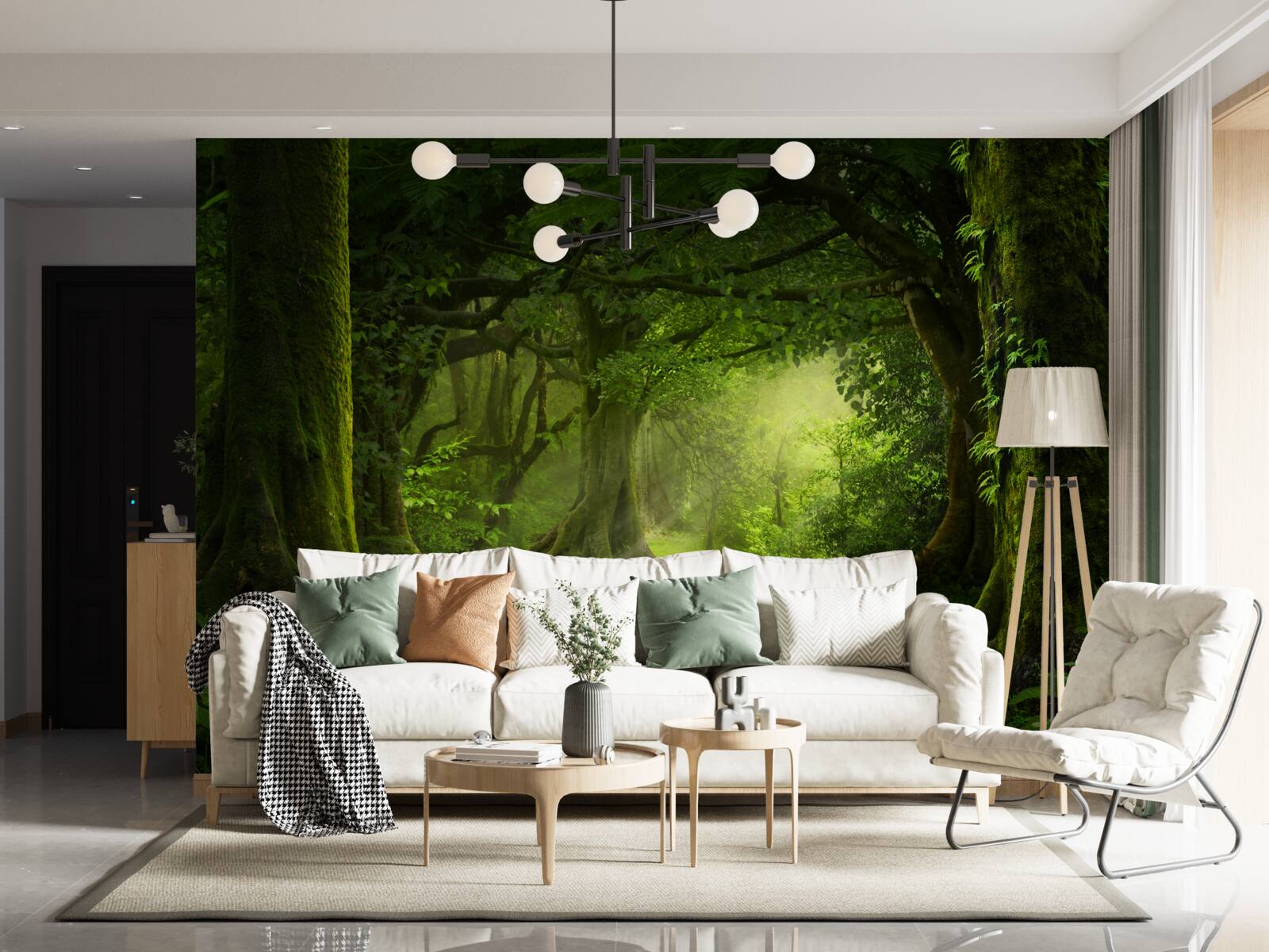 Fototapet razele soarelui pătrund în copacii dese ai pădurii