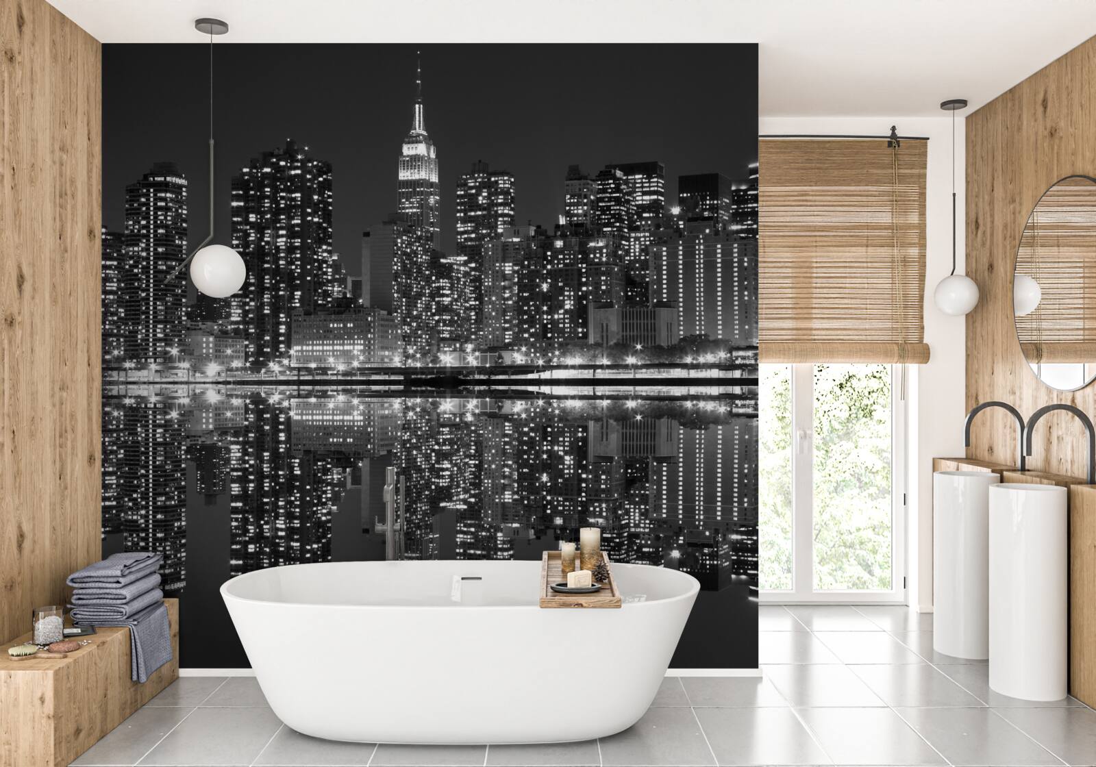 Fototapet linia de orizont a orașului este vizibilă în reflexiile apei