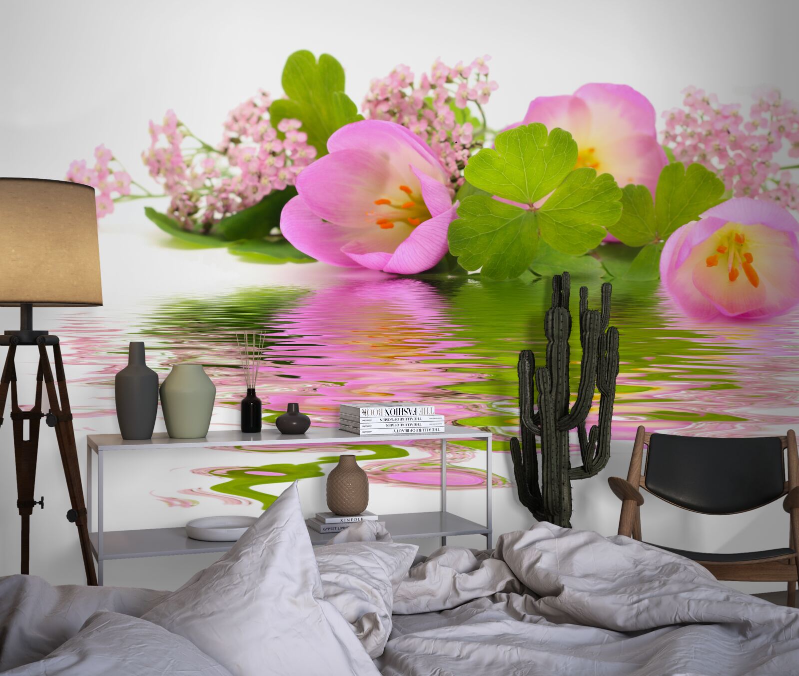 Fototapet compoziție grațioasă de flori roz pe suprafața apei