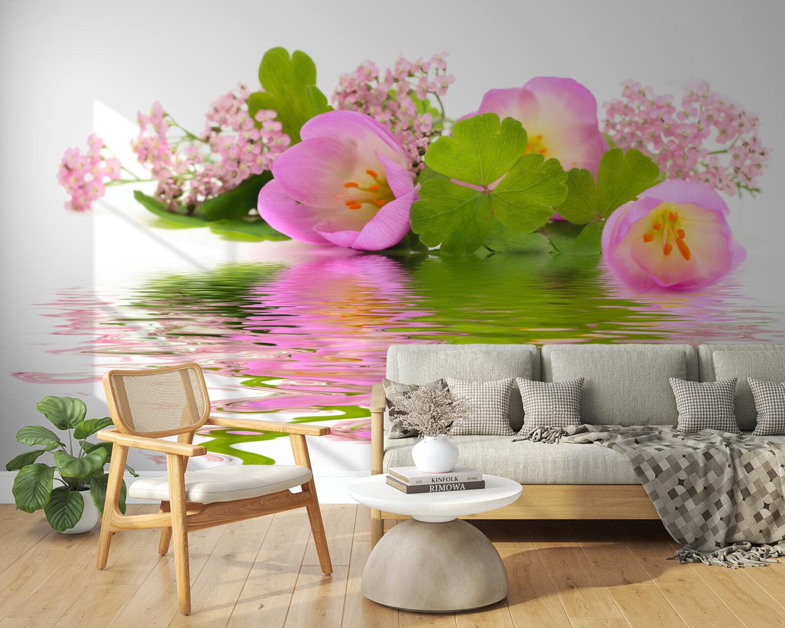 Fototapet compoziție grațioasă de flori roz pe suprafața apei