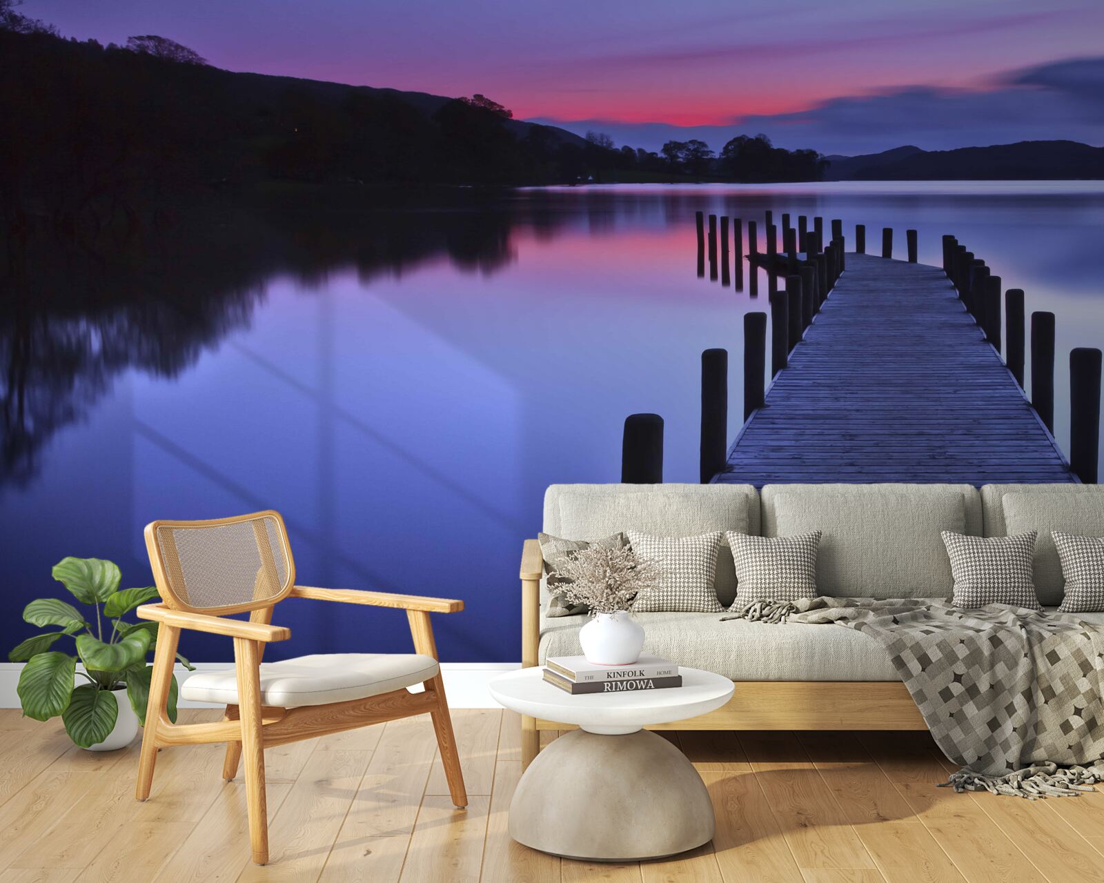 Fototapet chei lângă un lac în munți în zori