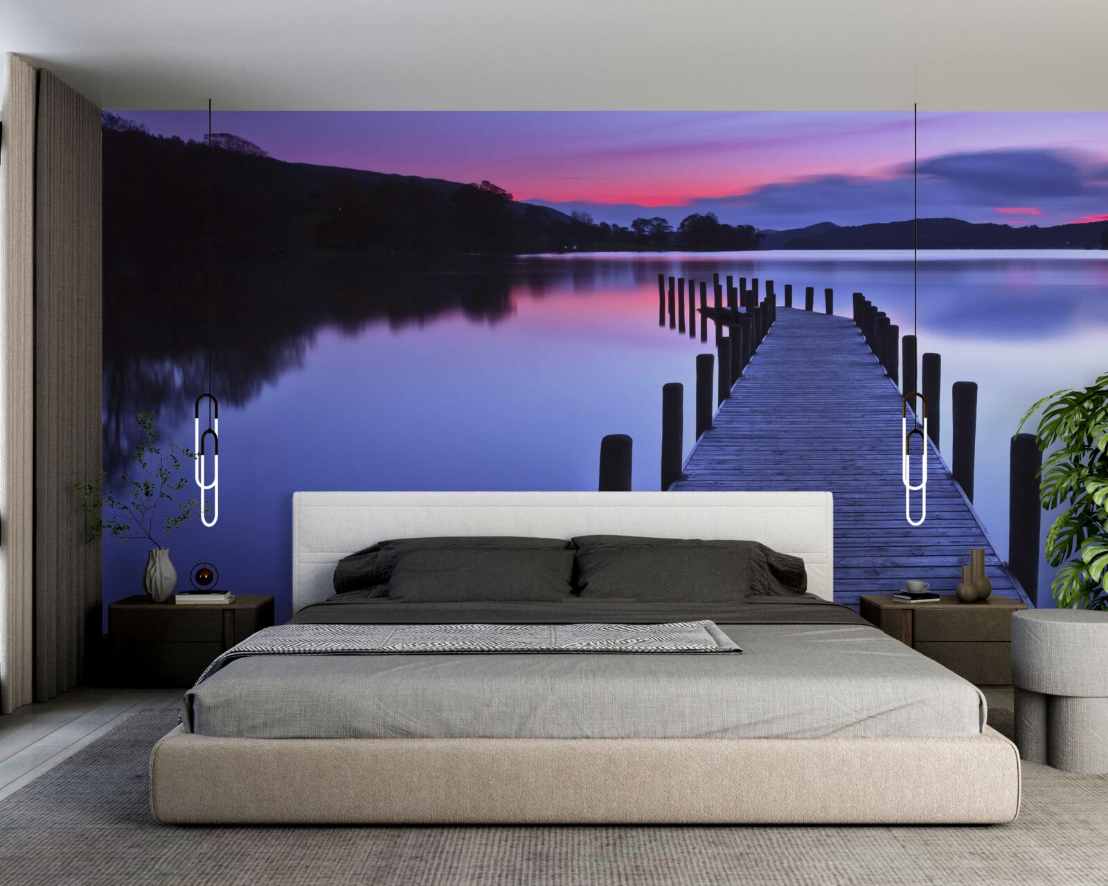 Fototapet chei lângă un lac în munți în zori