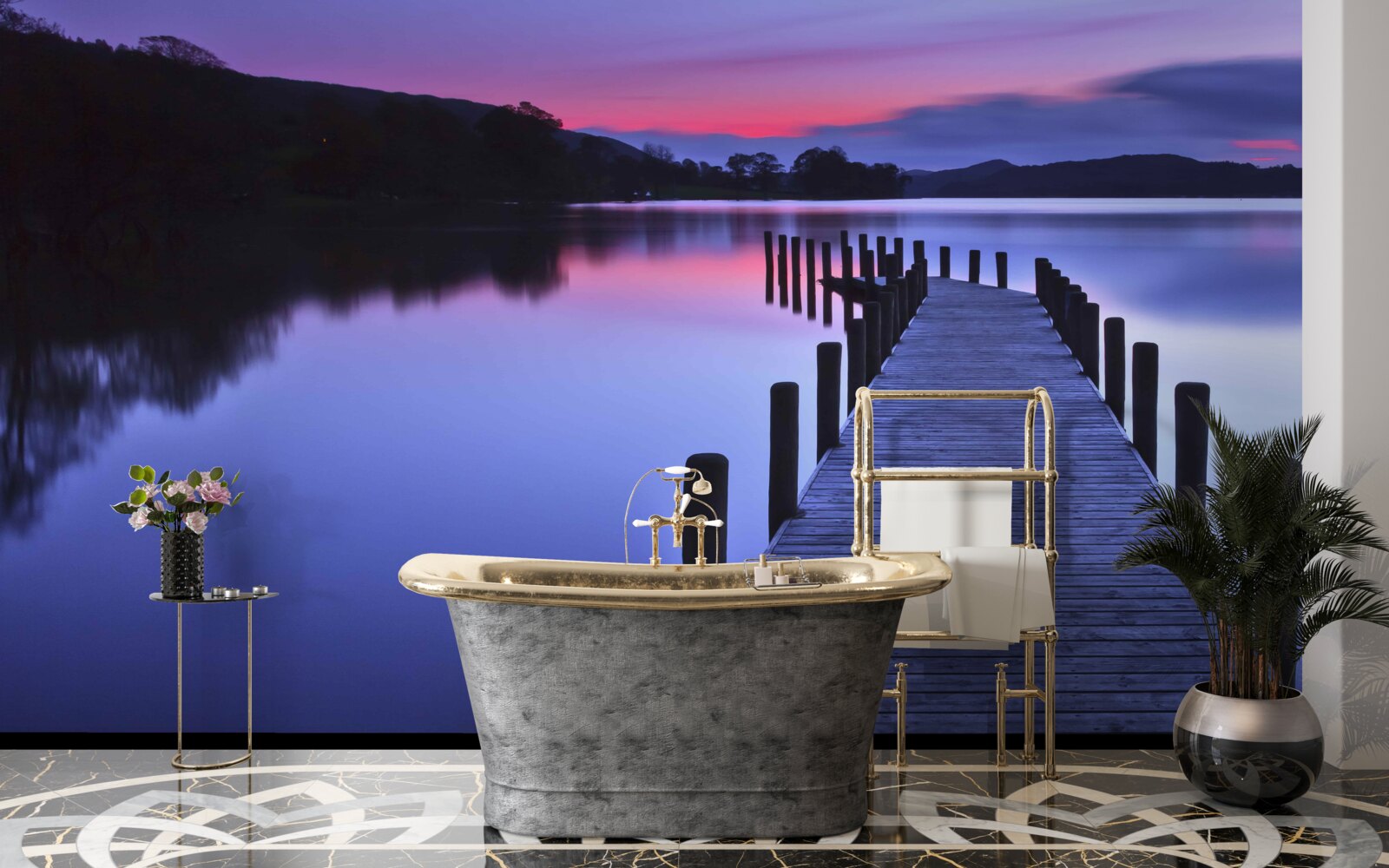 Fototapet chei lângă un lac în munți în zori