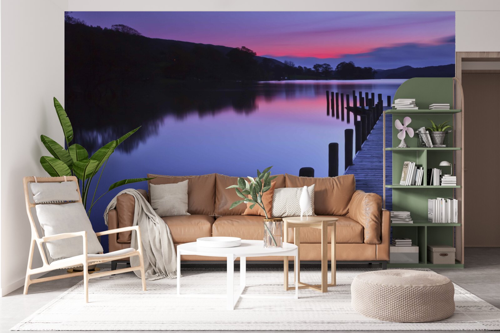 Fototapet chei lângă un lac în munți în zori