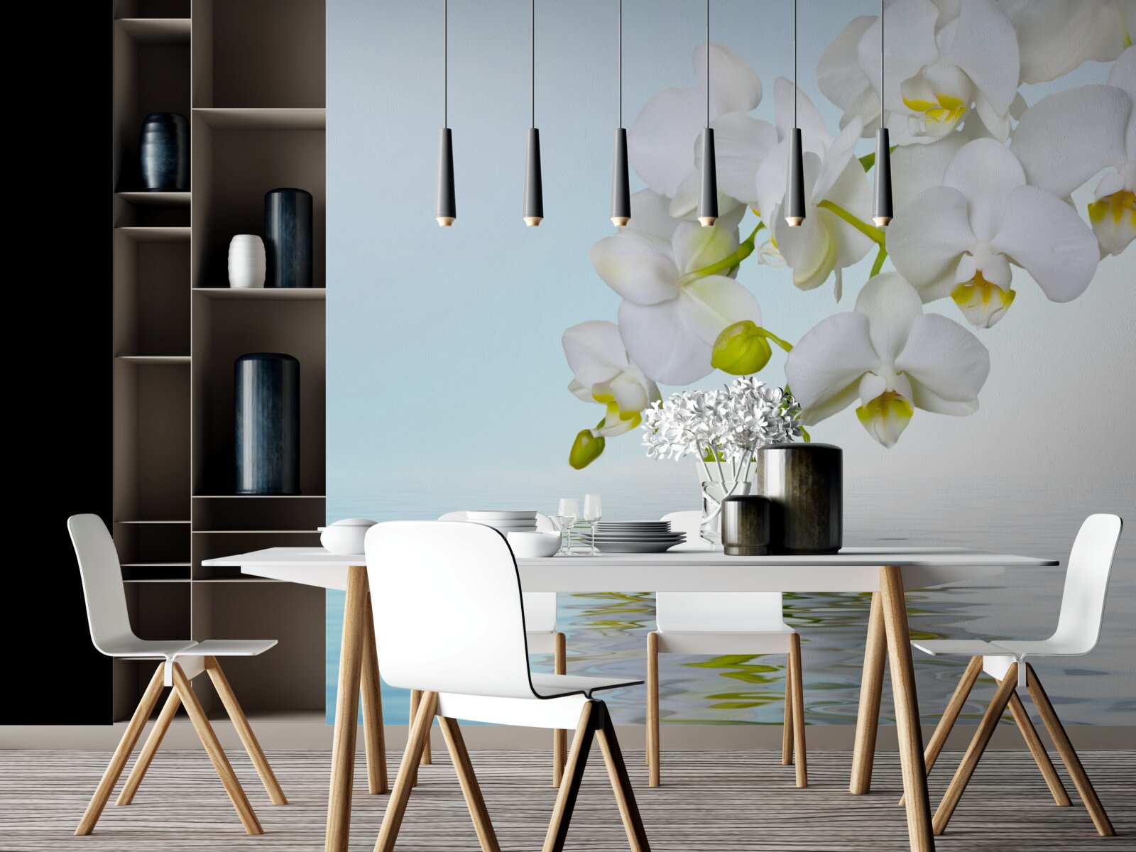 Fototapet ramură de orhidee albă lângă apă calmă