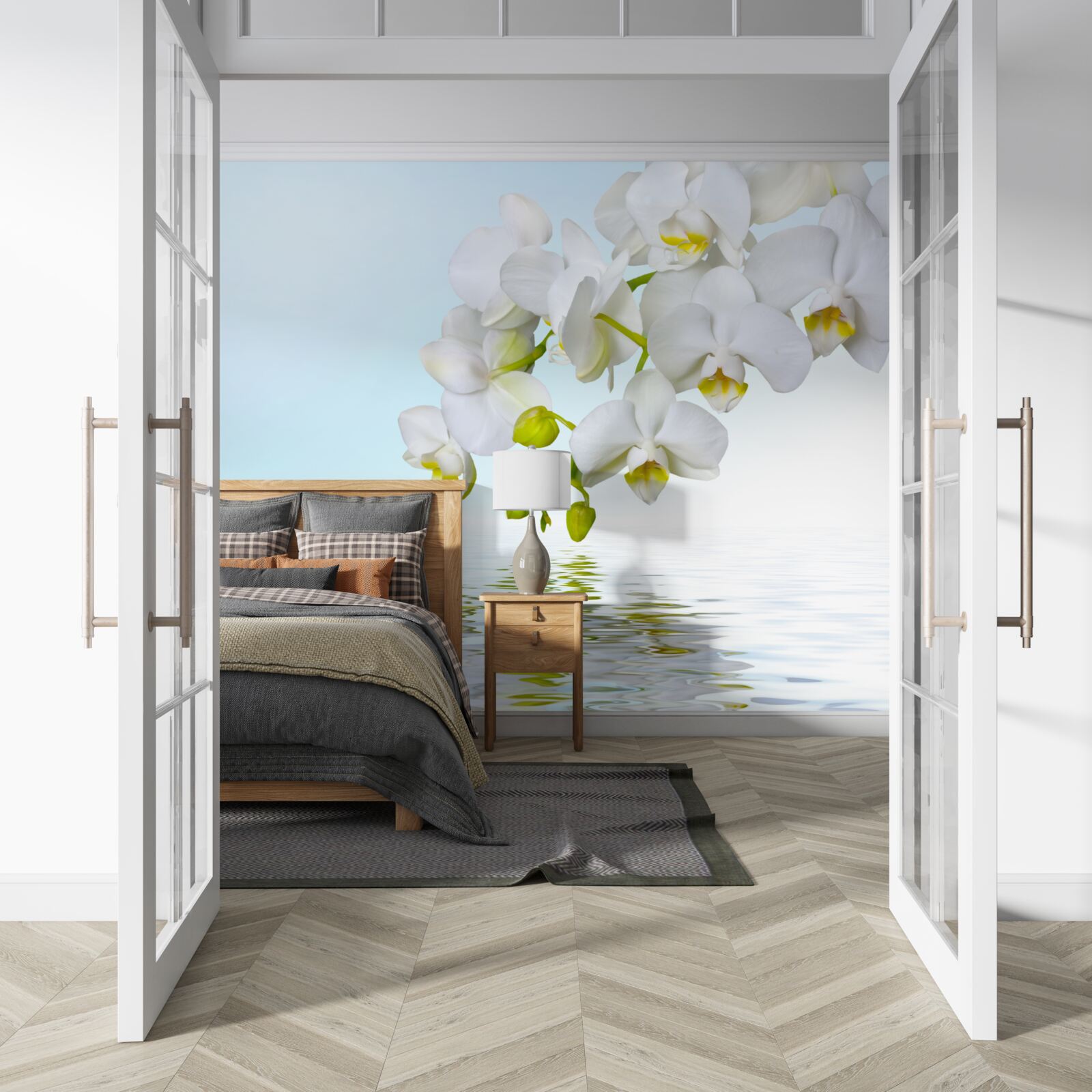 Fototapet ramură de orhidee albă lângă apă calmă