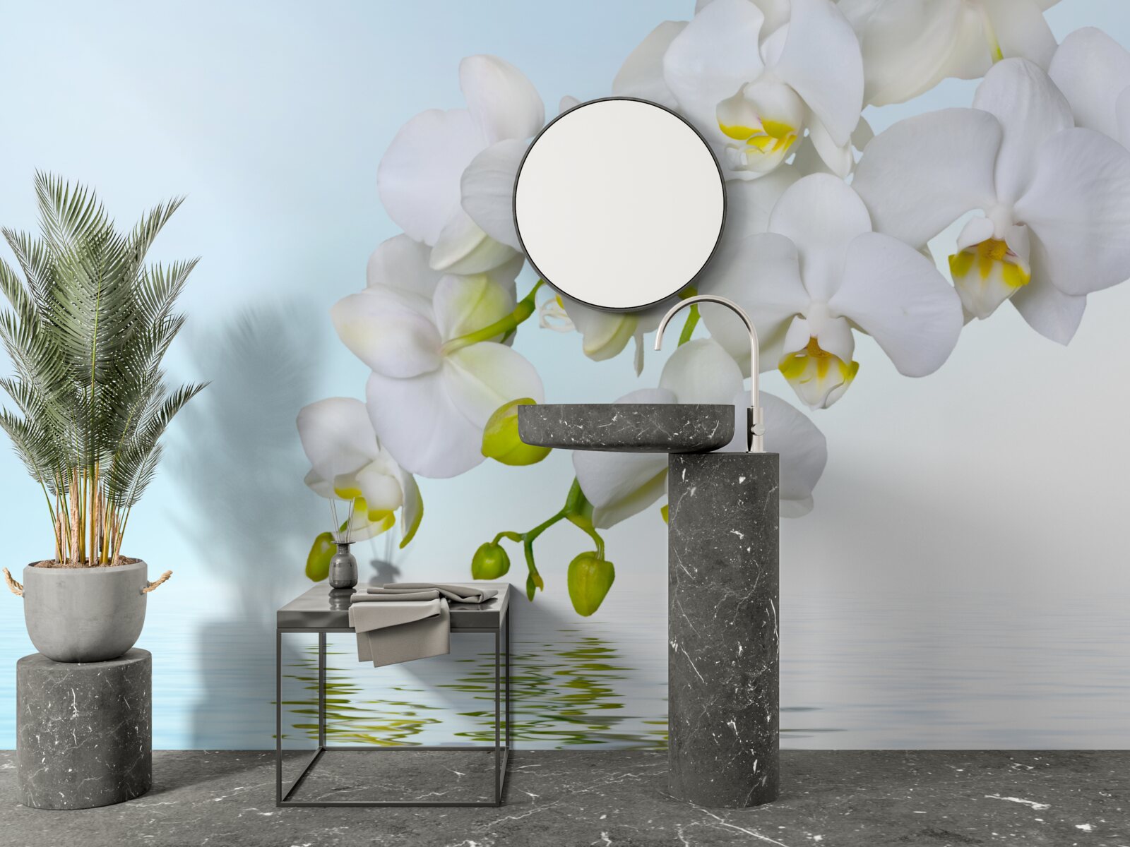 Fototapet ramură de orhidee albă lângă apă calmă