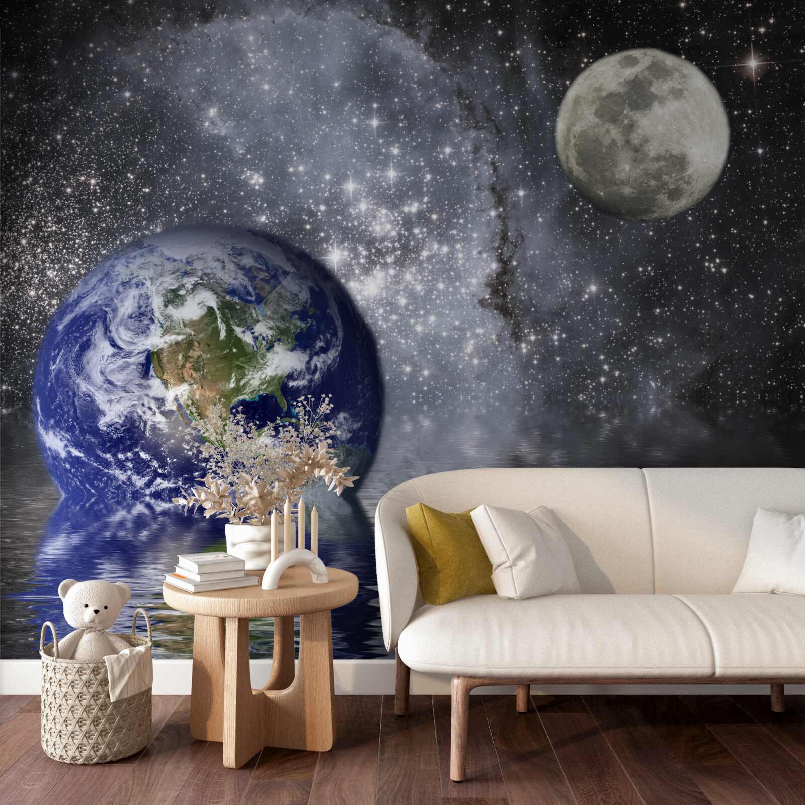 Fototapet apa înconjoară Pământul și Luna în spațiu