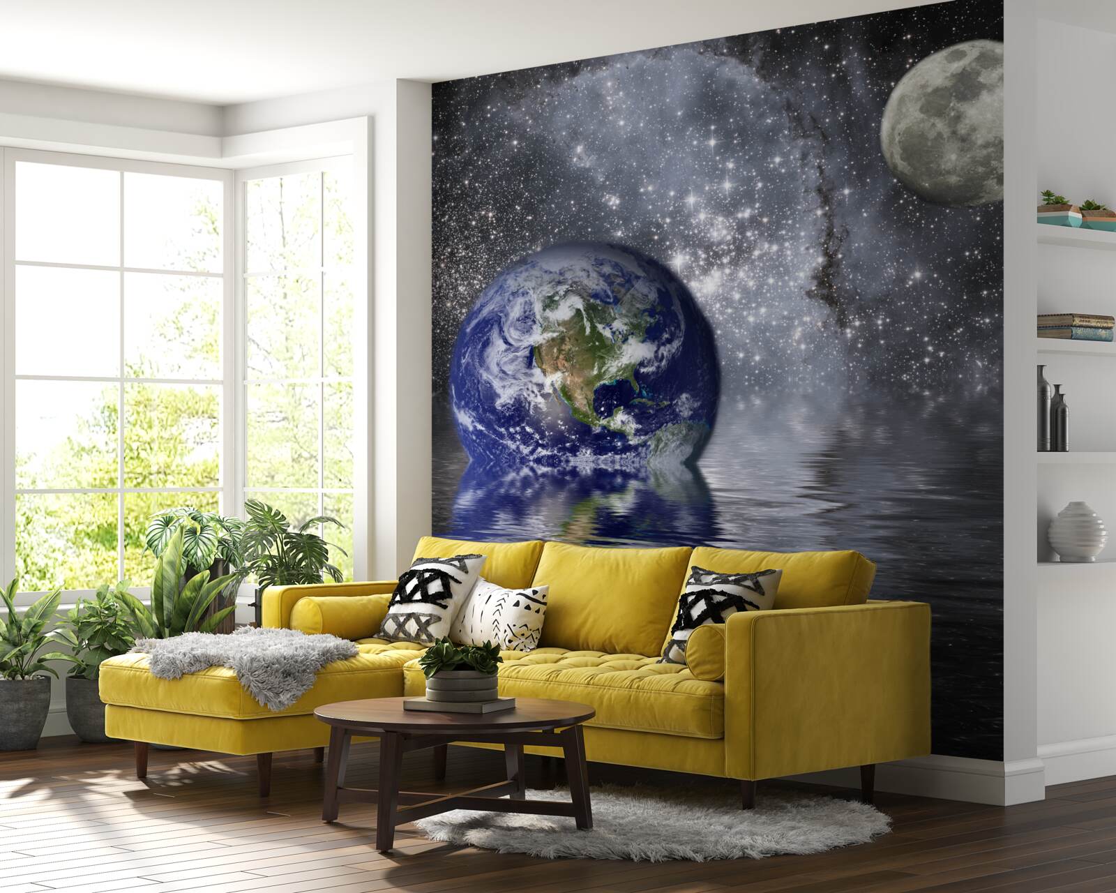 Fototapet apa înconjoară Pământul și Luna în spațiu