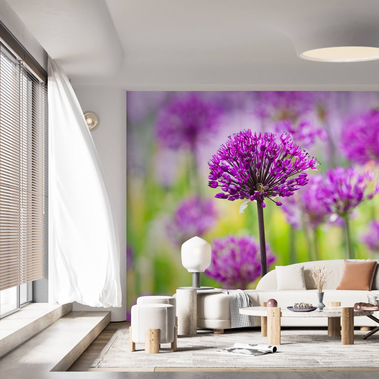 Fototapet flori purpurii delicate care cresc pe pajiști