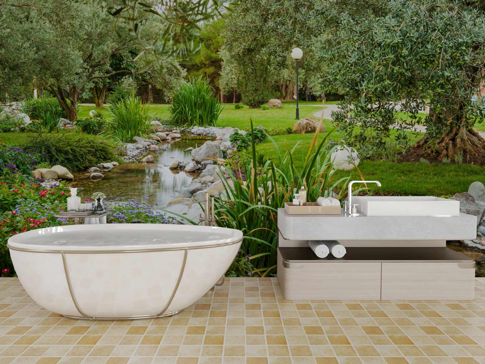 Fototapet un pârâu care curge printr-o pajiște verde