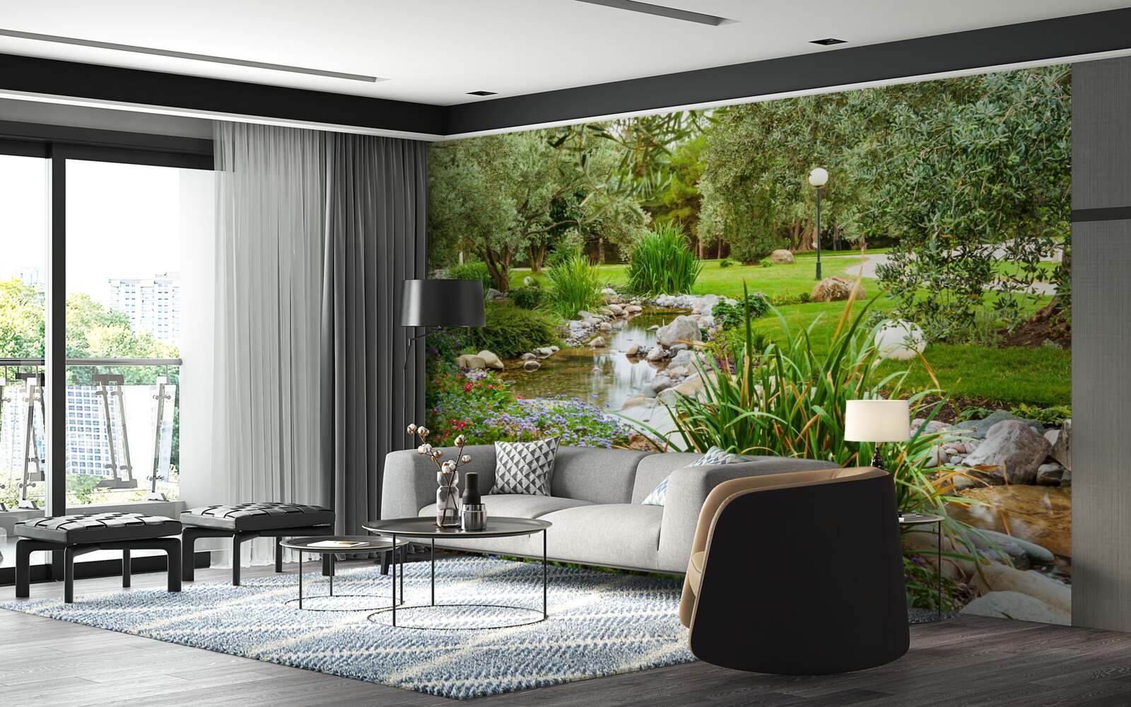 Fototapet un pârâu care curge printr-o pajiște verde