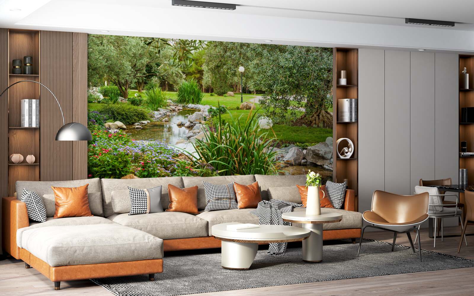 Fototapet un pârâu care curge printr-o pajiște verde