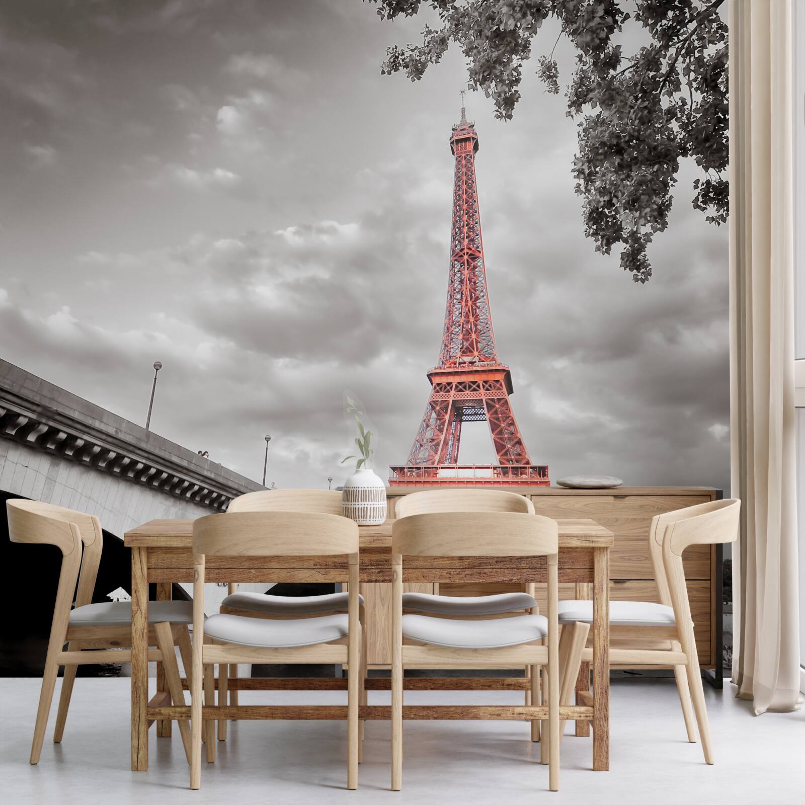 Fototapet în spatele vechiului pod peste râu se poate vedea turnul eiffel