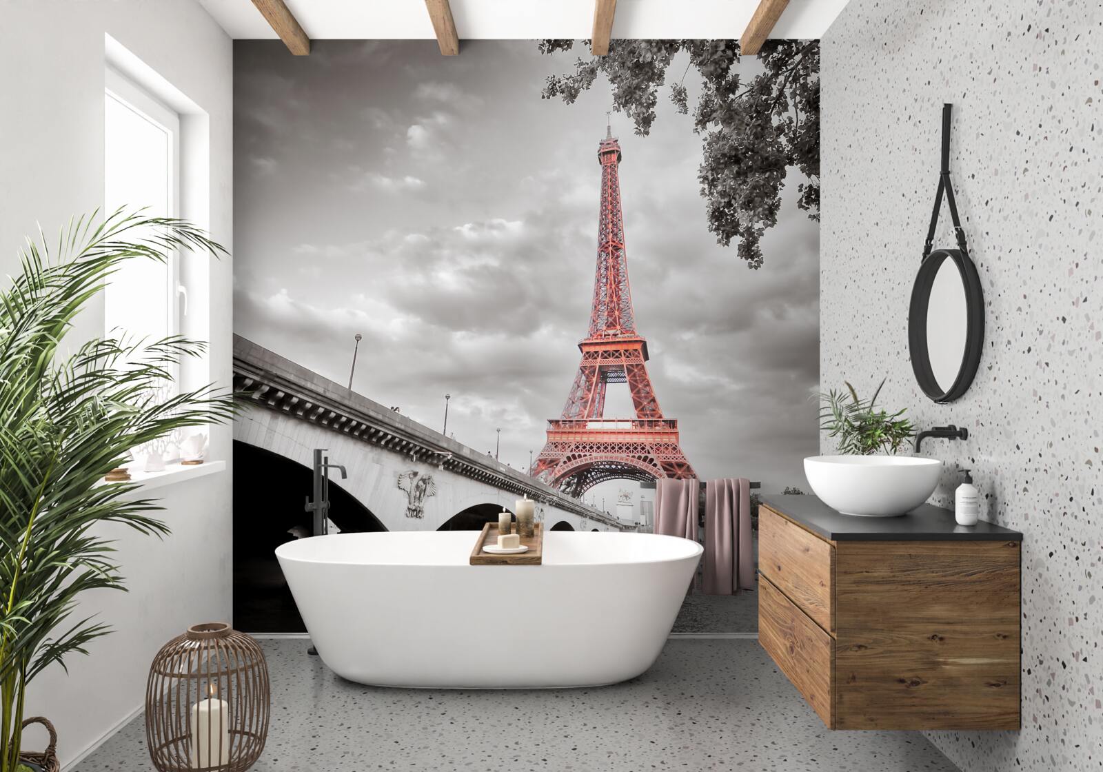 Fototapet în spatele vechiului pod peste râu se poate vedea turnul eiffel