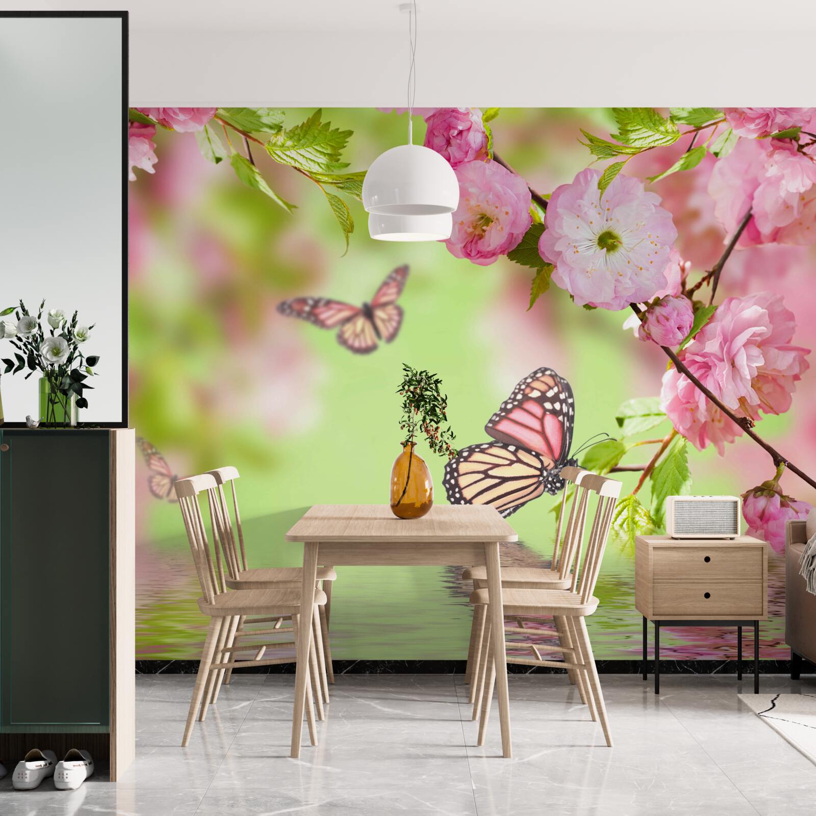 Fototapet fluturii aterizează pe un cireș înflorit lângă un iaz