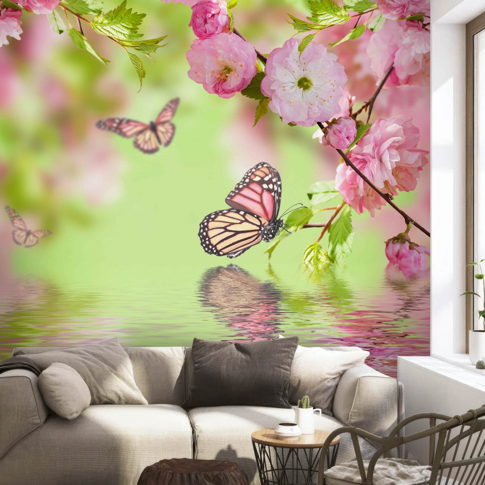 Fototapet fluturii aterizează pe un cireș înflorit lângă un iaz