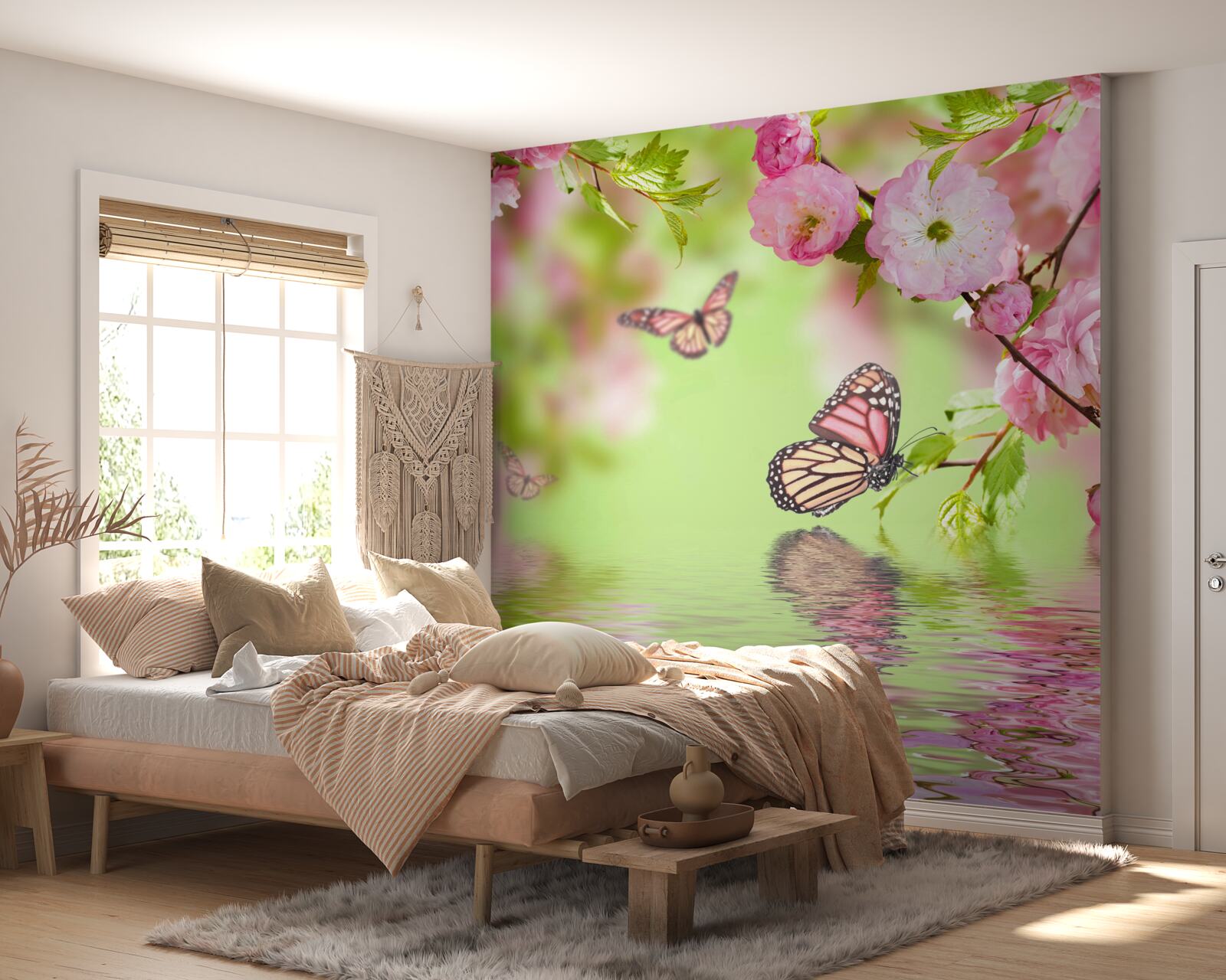 Fototapet fluturii aterizează pe un cireș înflorit lângă un iaz