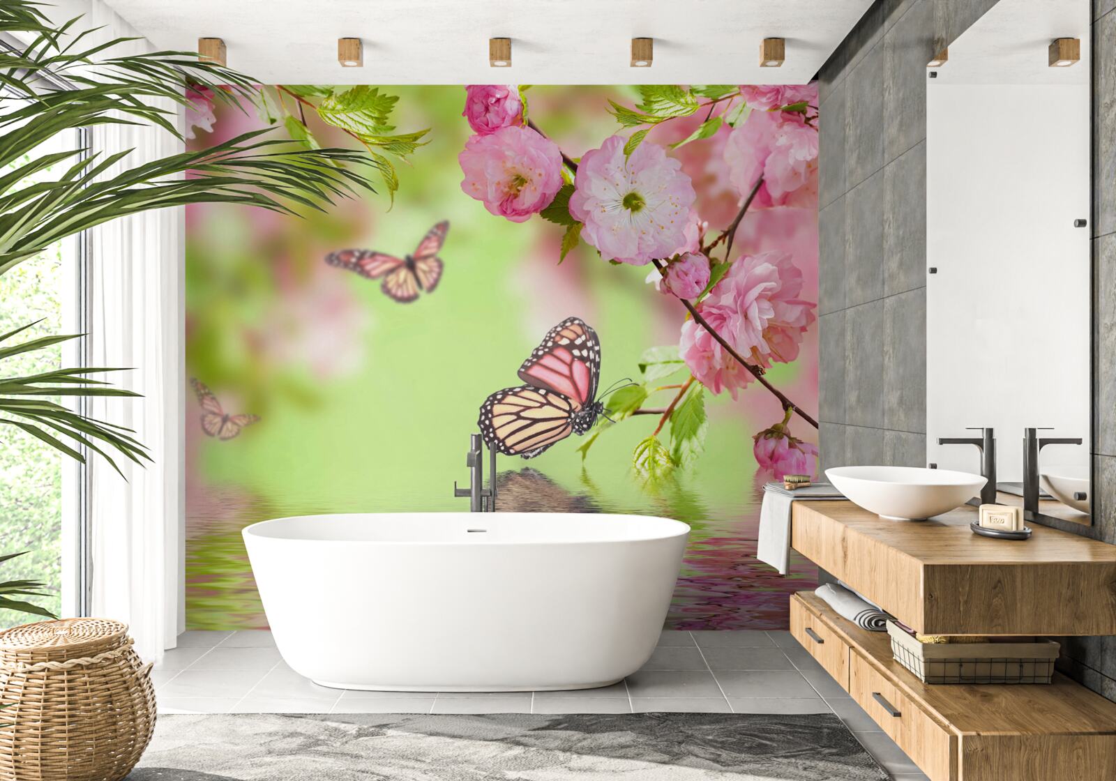 Fototapet fluturii aterizează pe un cireș înflorit lângă un iaz