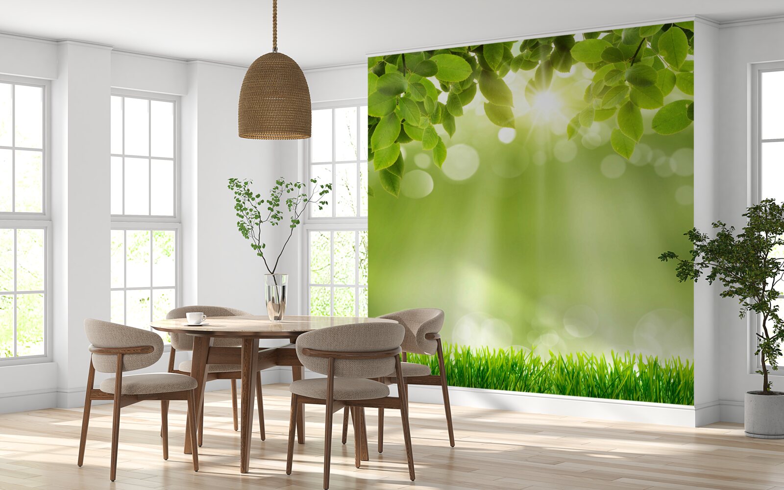 Fototapet razele soarelui luminează o pajiște în ploaie