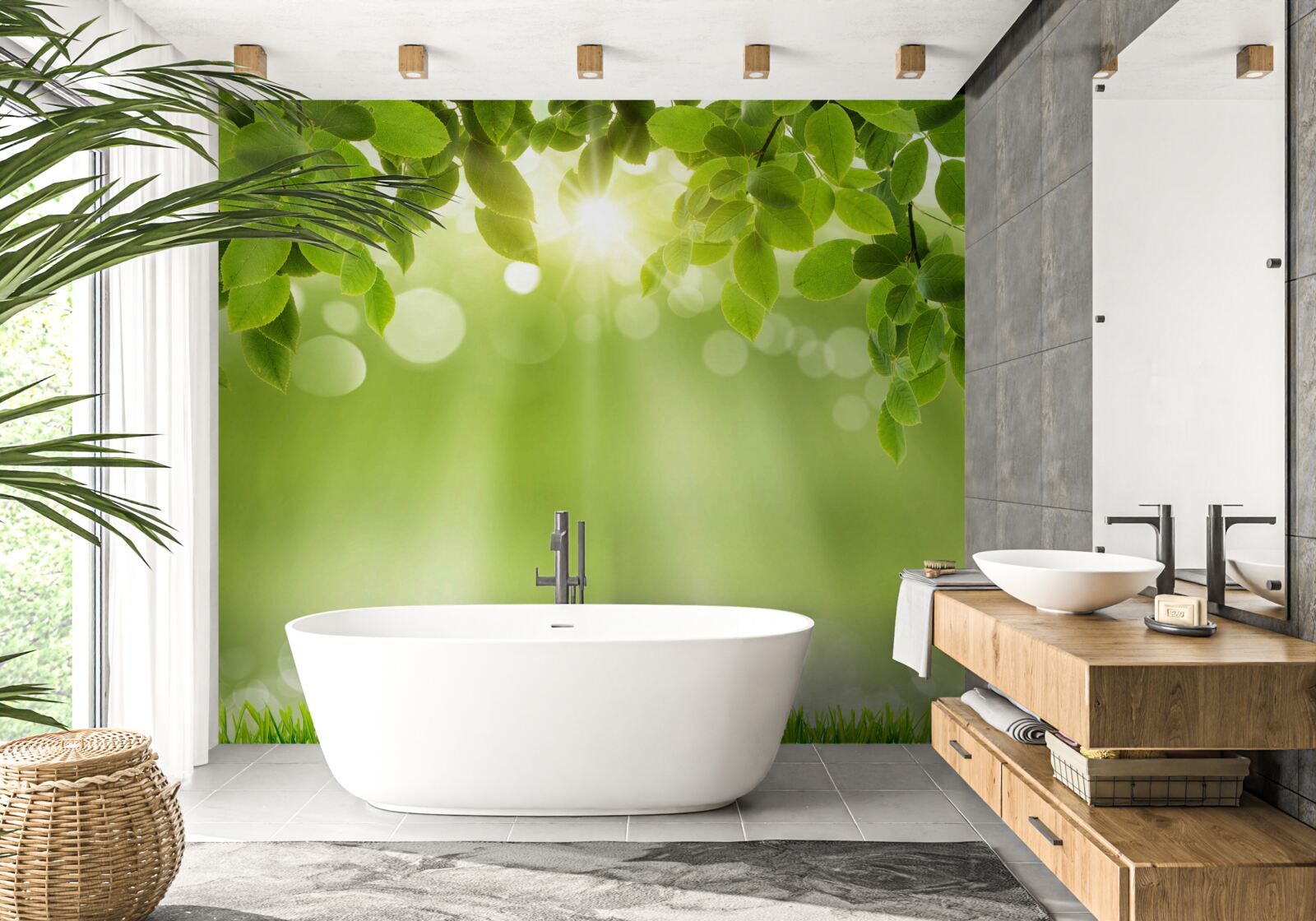 Fototapet razele soarelui luminează o pajiște în ploaie