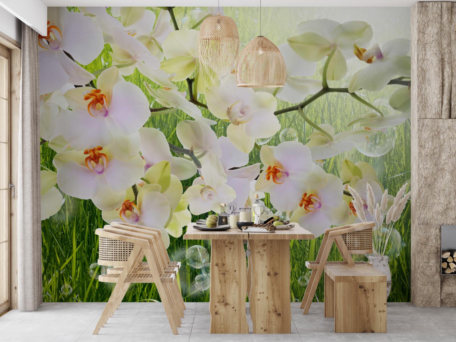 Fototapet ramuri albe de flori de cireș și păpădii