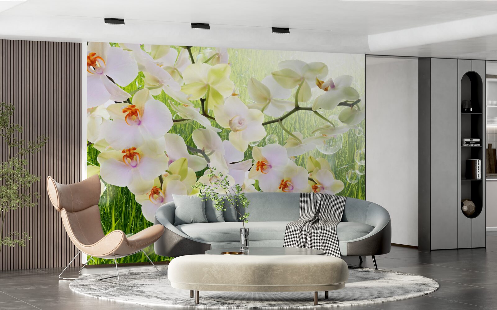 Fototapet ramuri albe de flori de cireș și păpădii