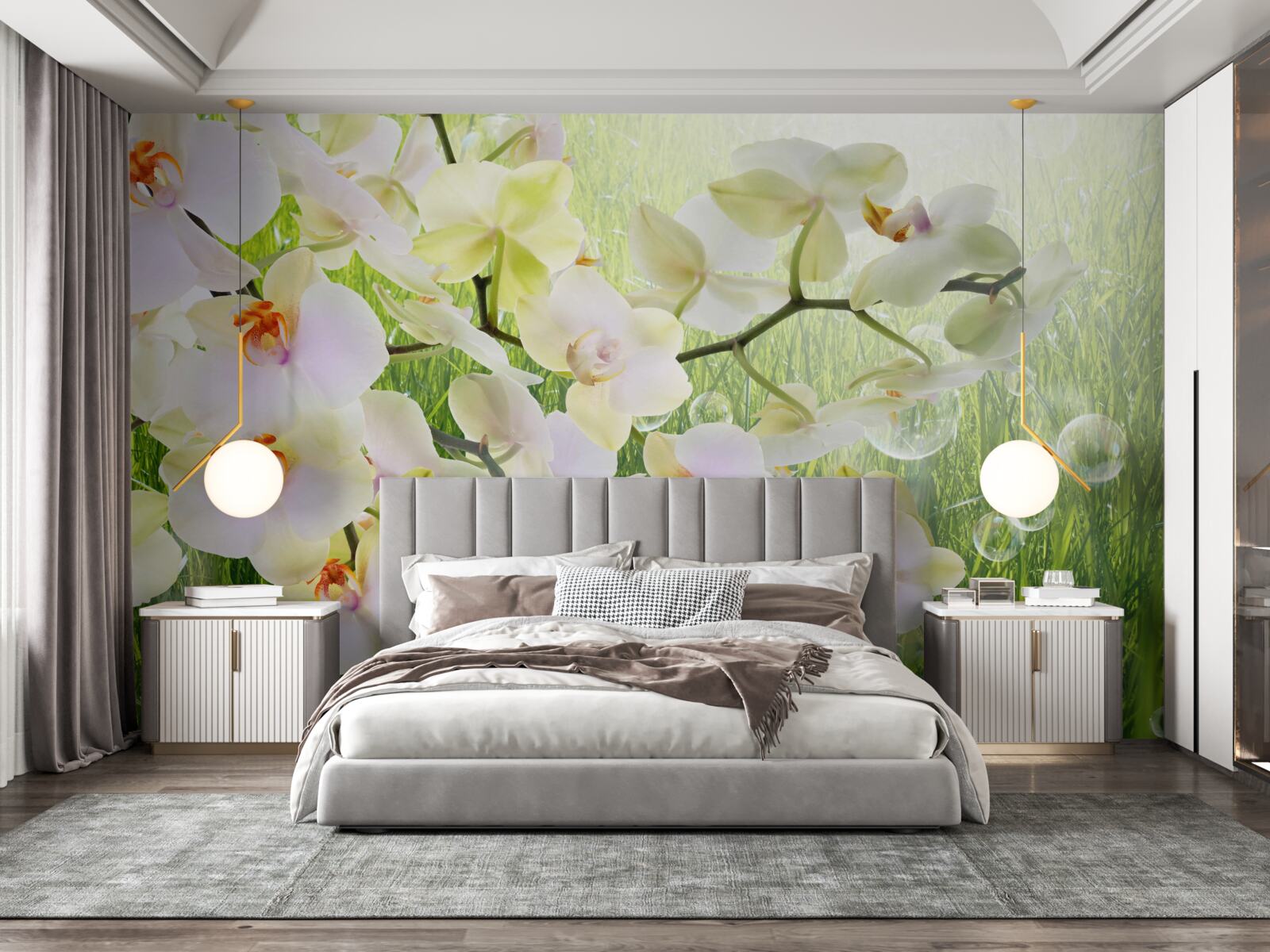 Fototapet ramuri albe de flori de cireș și păpădii