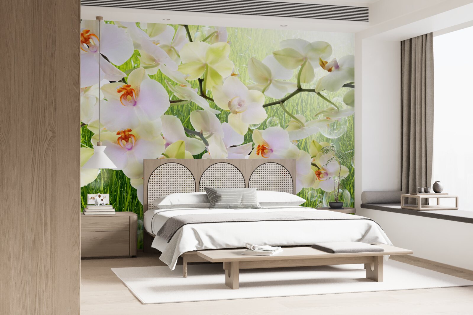 Fototapet ramuri albe de flori de cireș și păpădii