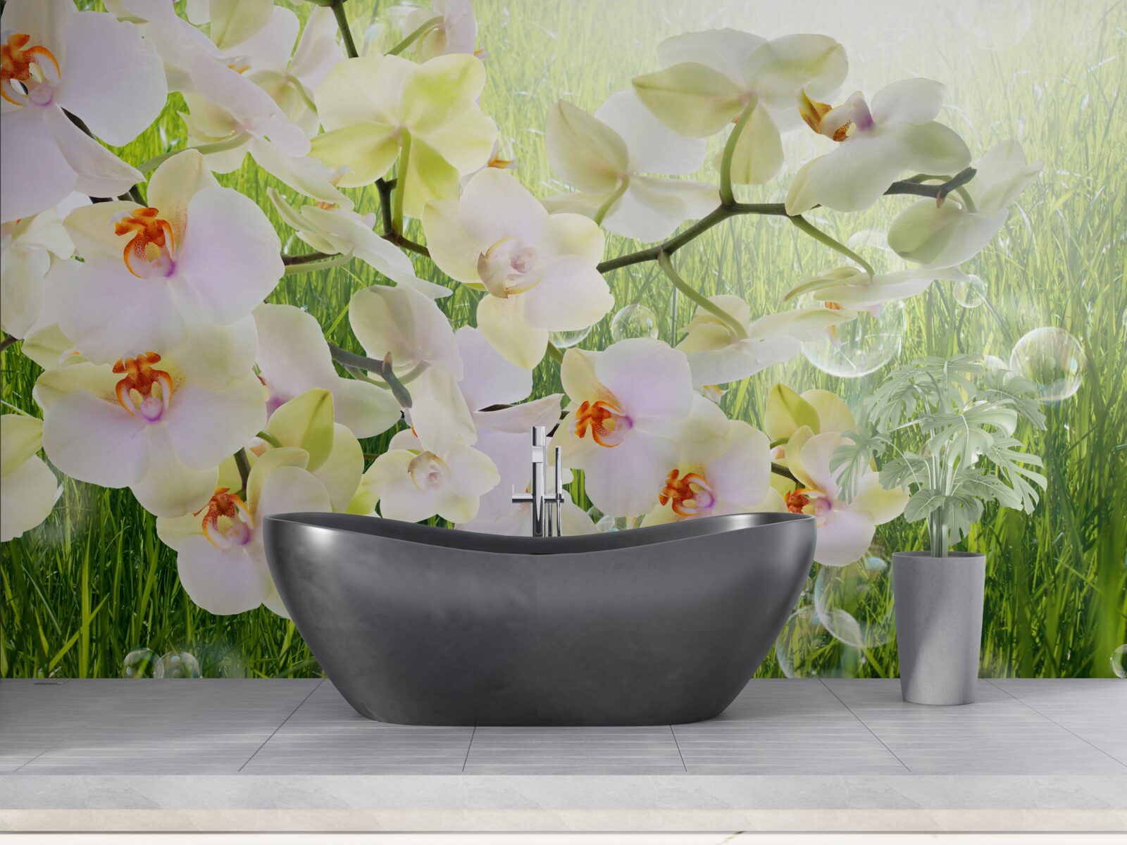 Fototapet ramuri albe de flori de cireș și păpădii