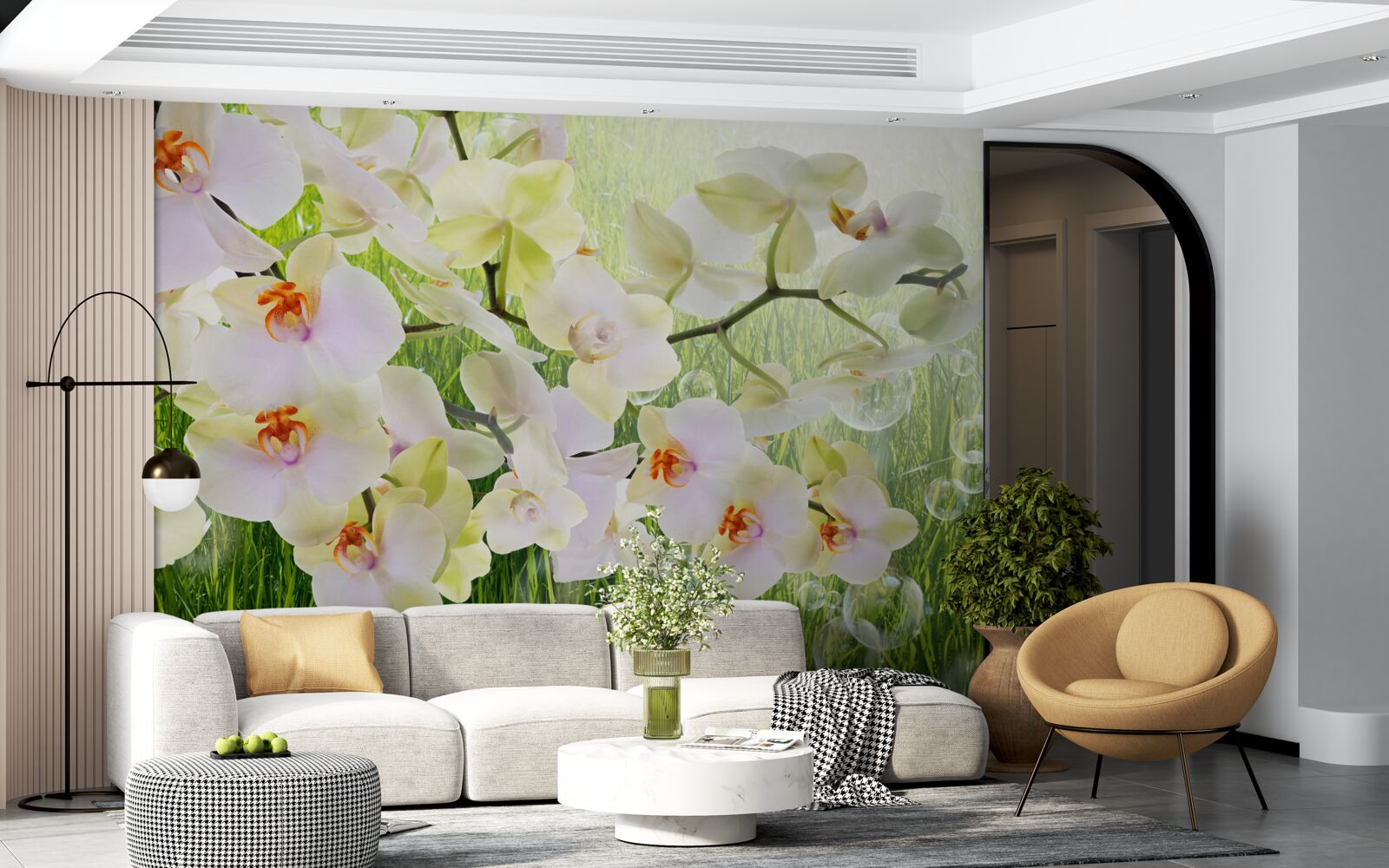 Fototapet ramuri albe de flori de cireș și păpădii