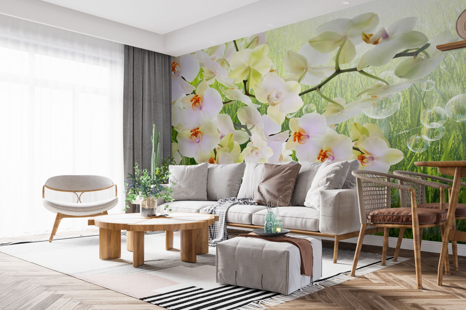 Fototapet ramuri albe de flori de cireș și păpădii