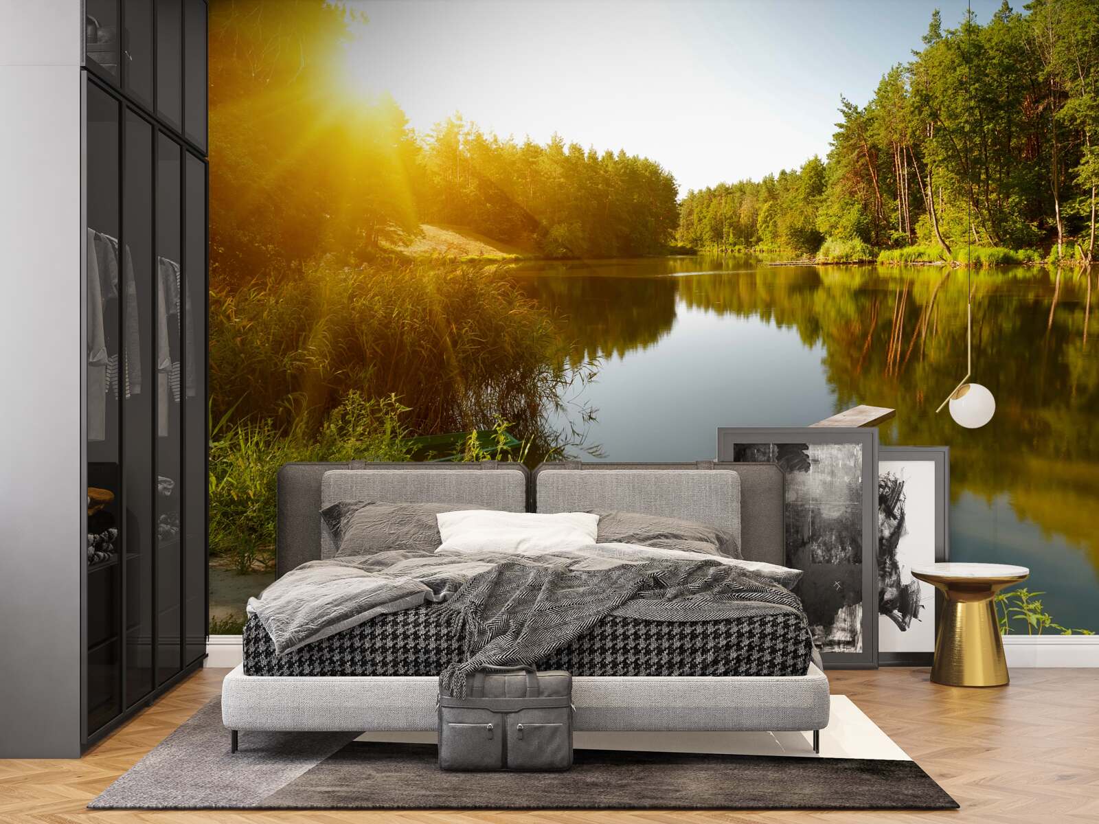 Fototapet dimineață luminoasă în pădurea de lângă iaz