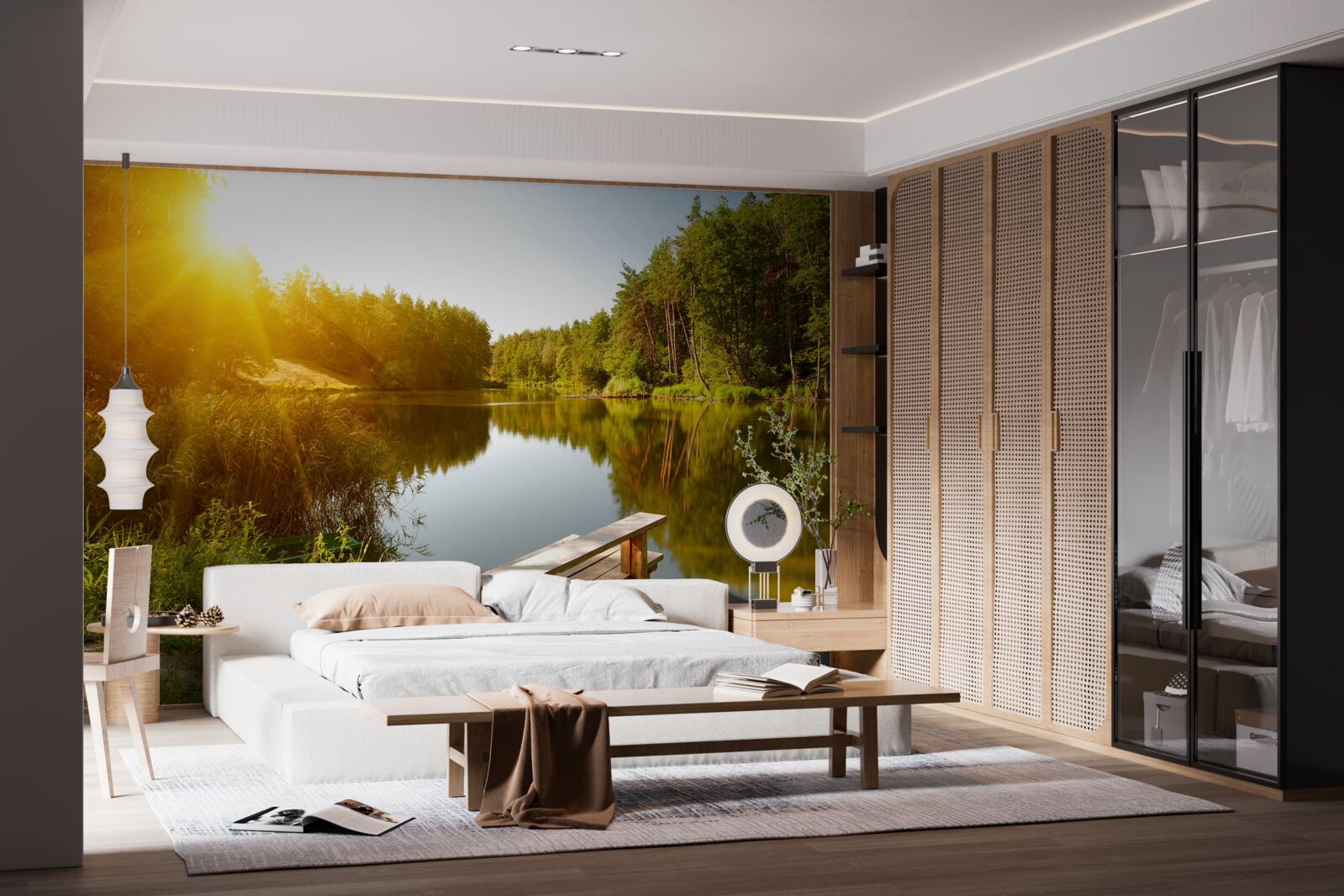 Fototapet dimineață luminoasă în pădurea de lângă iaz