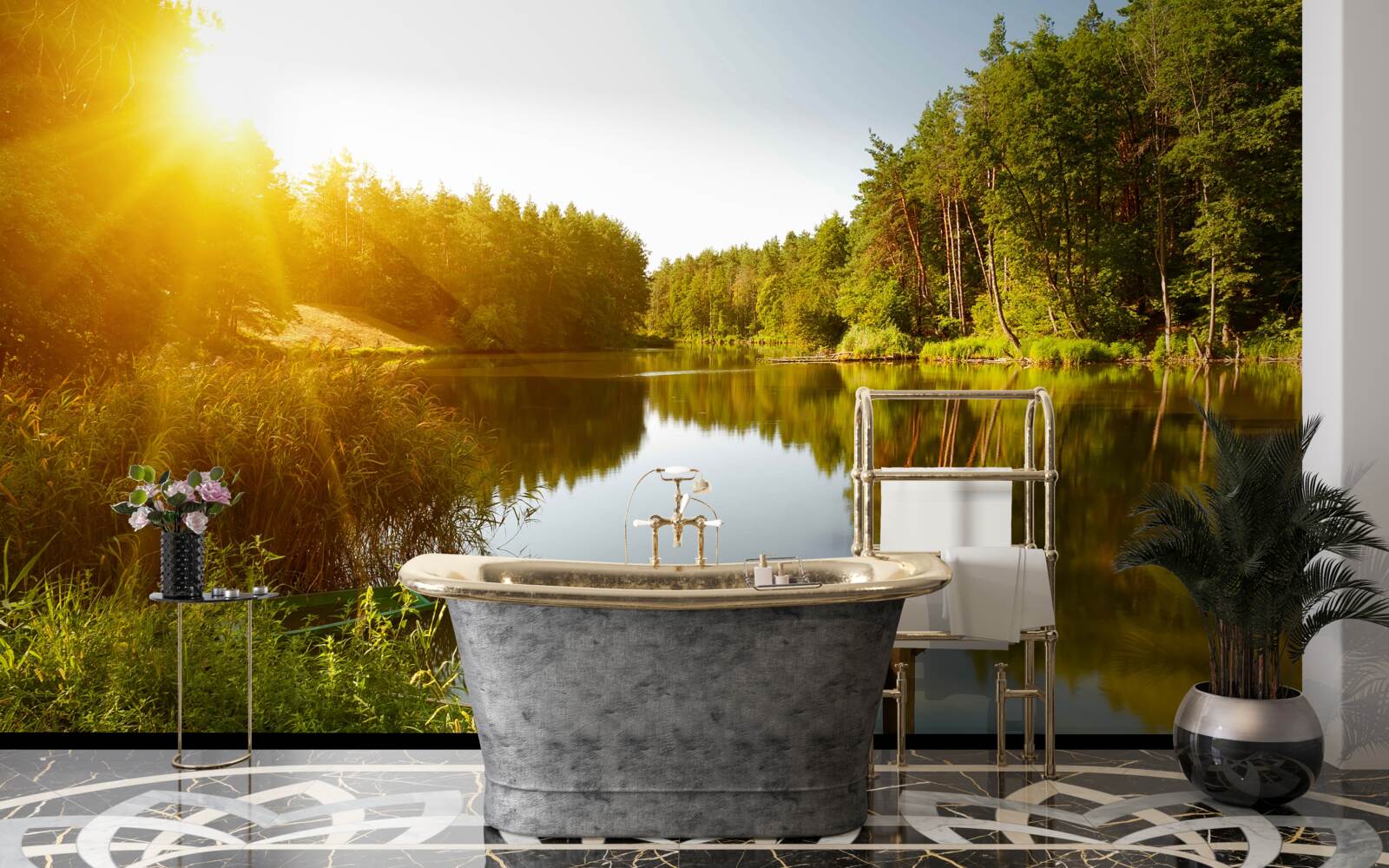 Fototapet dimineață luminoasă în pădurea de lângă iaz