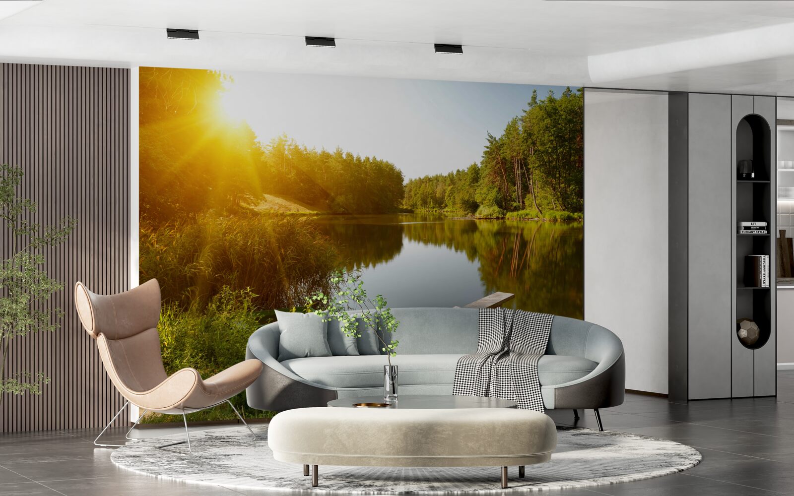 Fototapet dimineață luminoasă în pădurea de lângă iaz