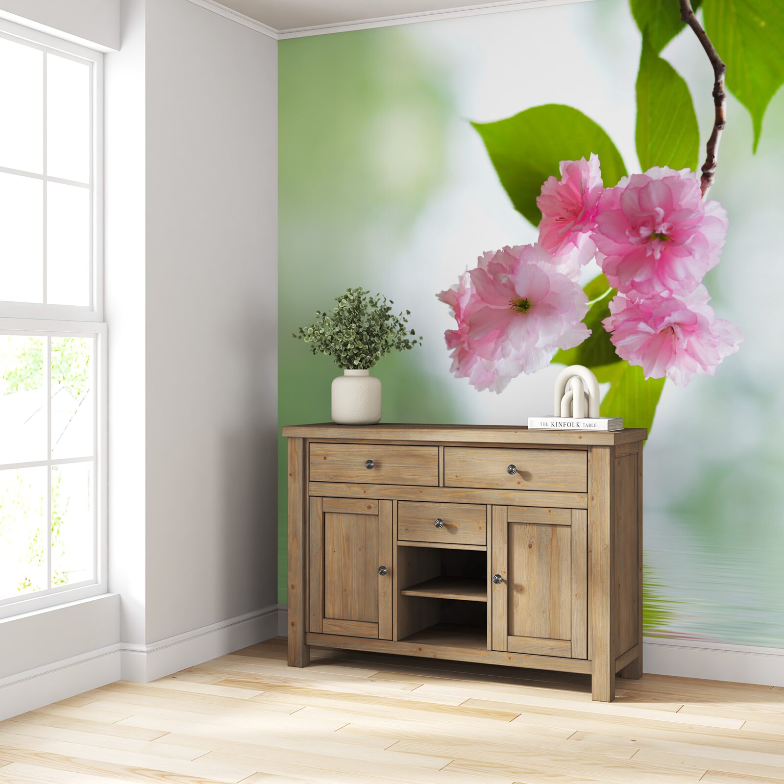 Fototapet sakura înflorește pe ramuri lângă apă