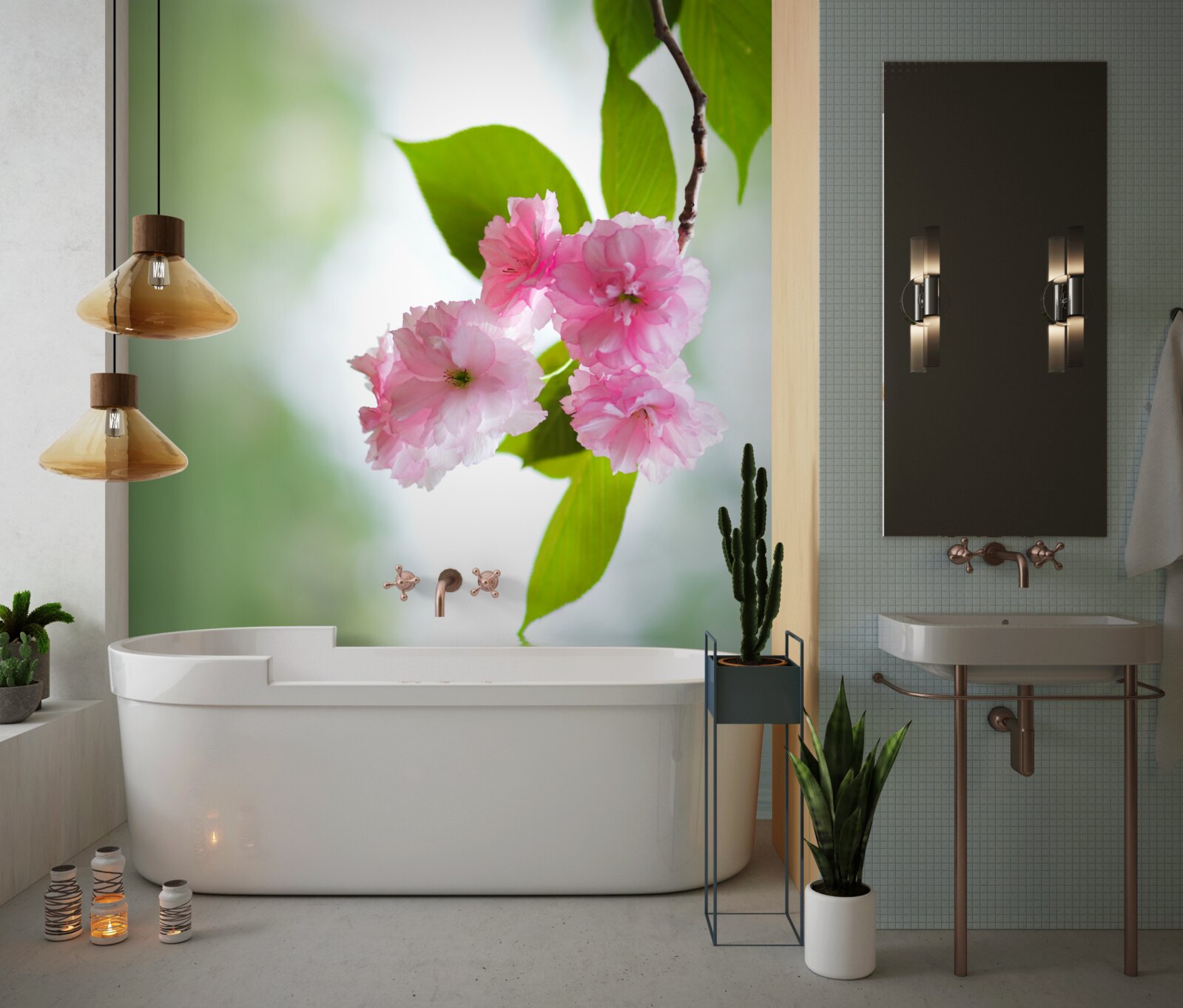 Fototapet sakura înflorește pe ramuri lângă apă