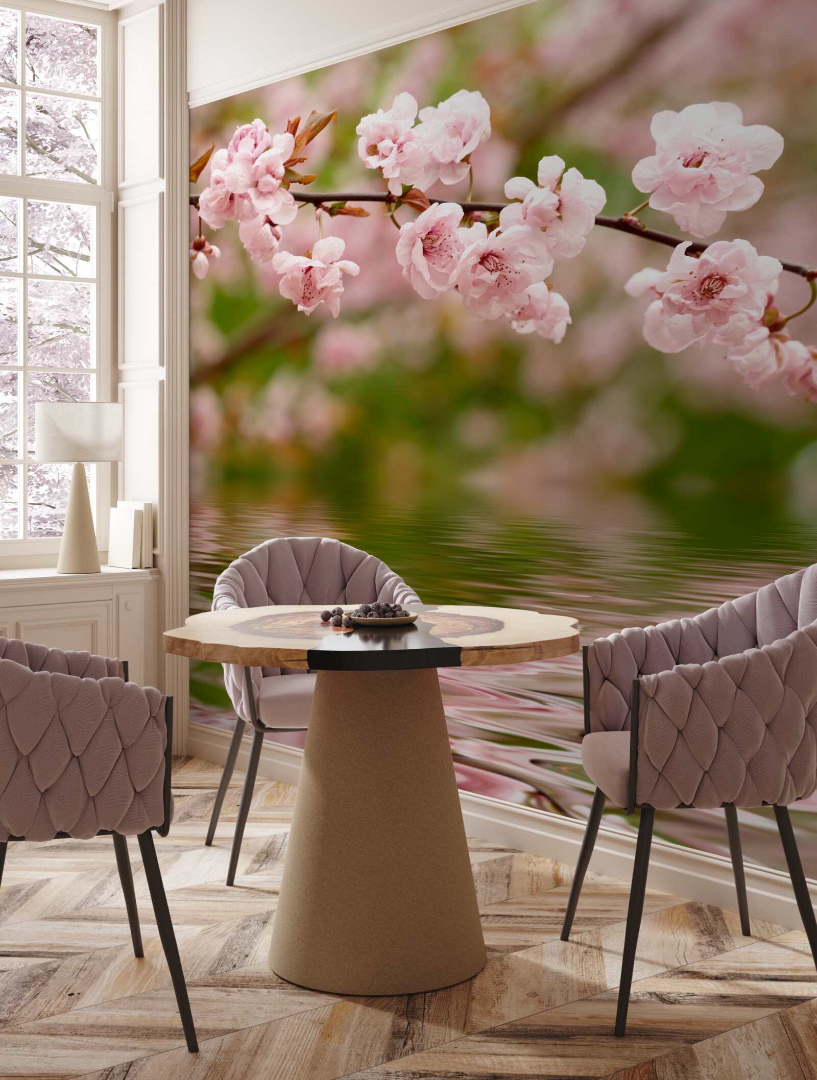 Fototapet ramură cu flori pe suprafața apei