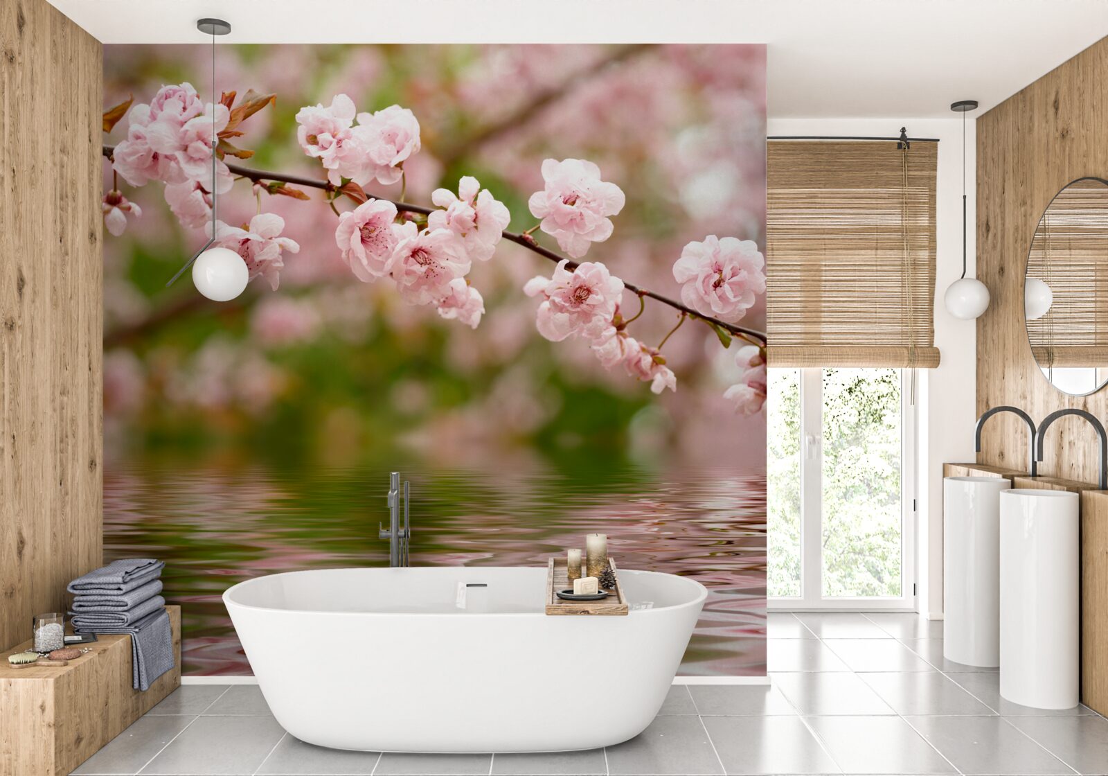 Fototapet ramură cu flori pe suprafața apei