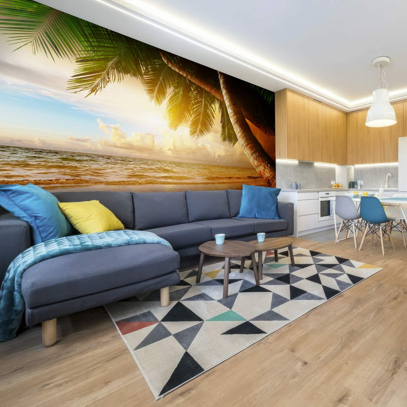 Fototapet palmier lângă apă la apus de soare la tropice