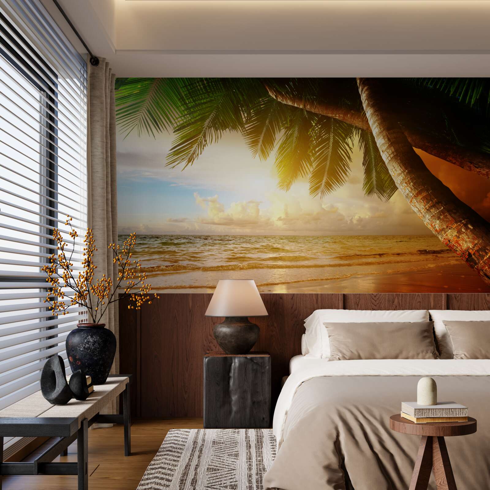 Fototapet palmier lângă apă la apus de soare la tropice