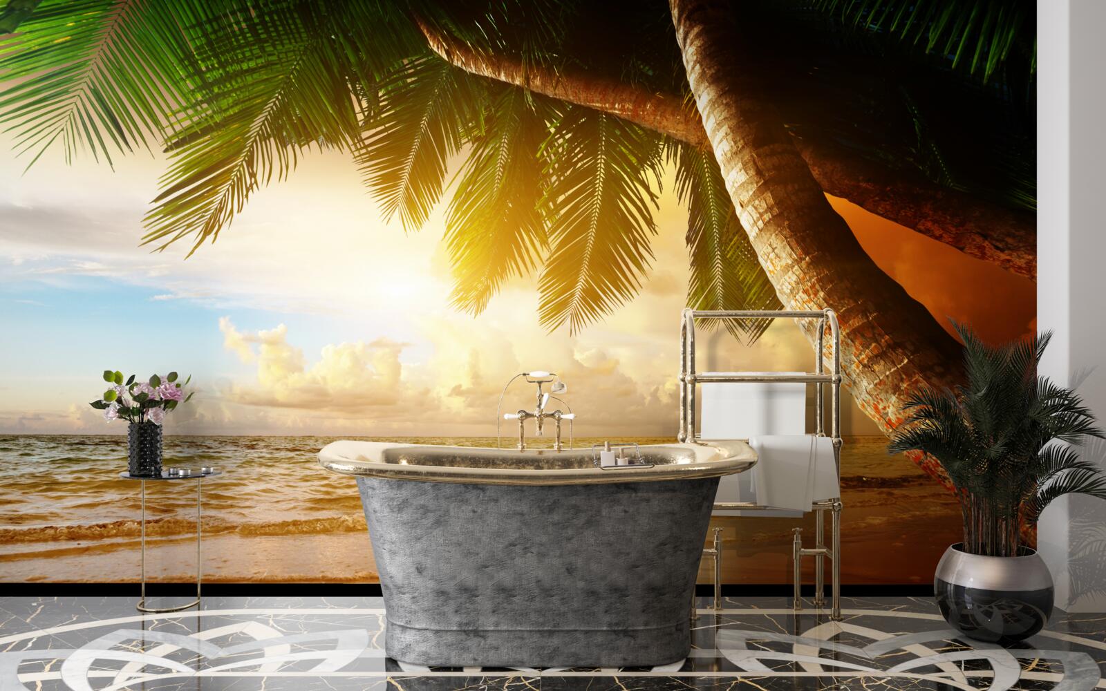 Fototapet palmier lângă apă la apus de soare la tropice
