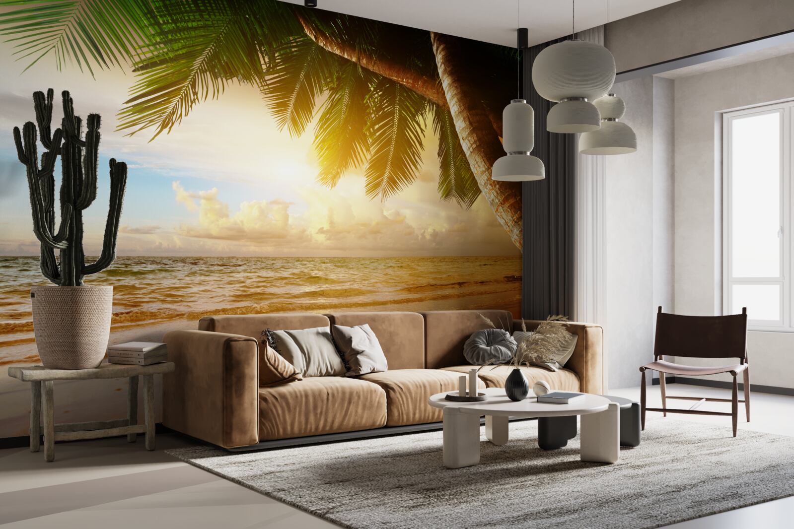 Fototapet palmier lângă apă la apus de soare la tropice