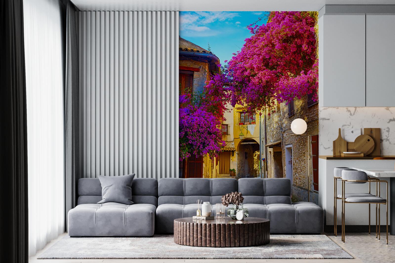 Fototapet flori mov împodobesc zidurile orașului antic