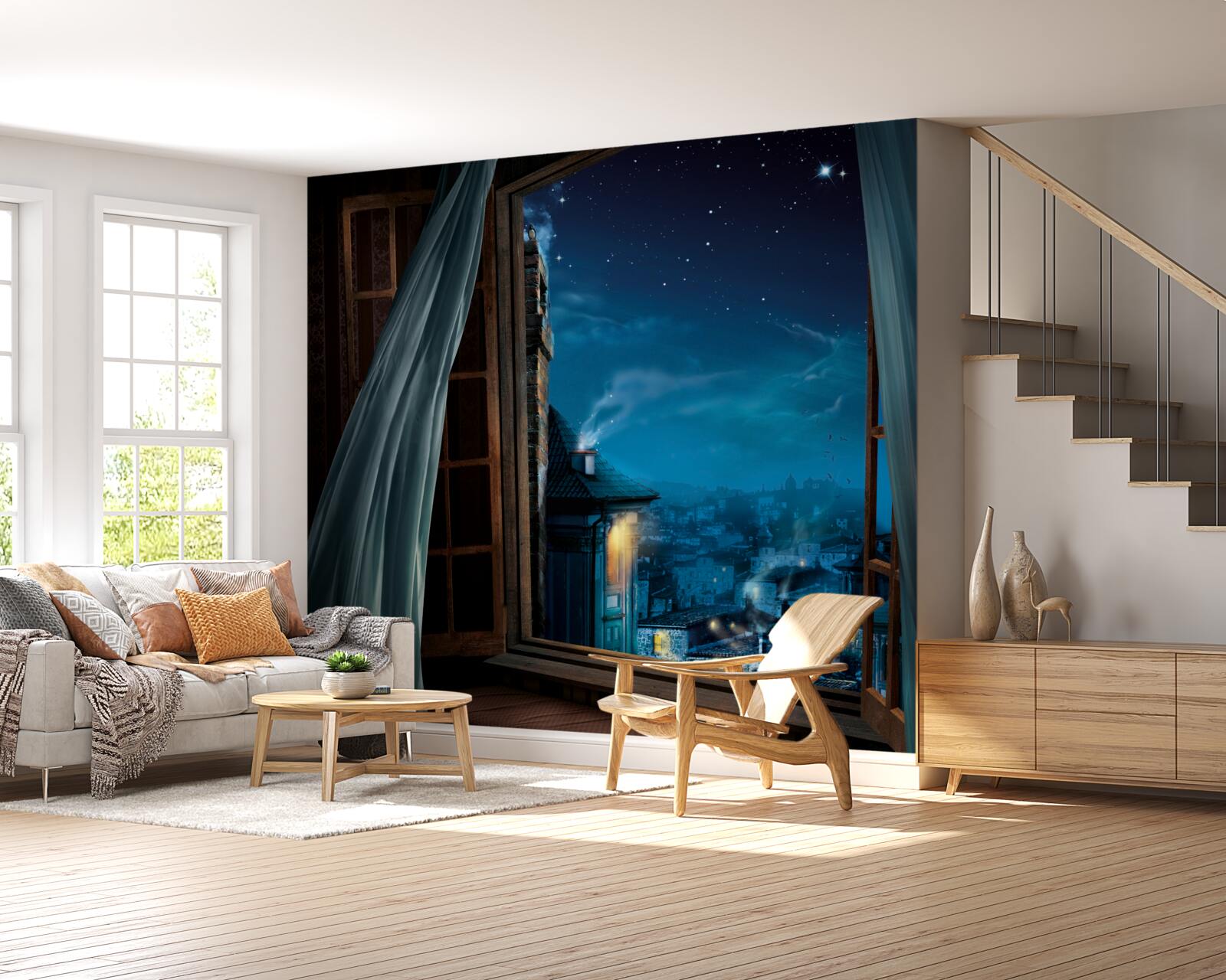 Fototapet vedere a cerului de noapte de la fereastră