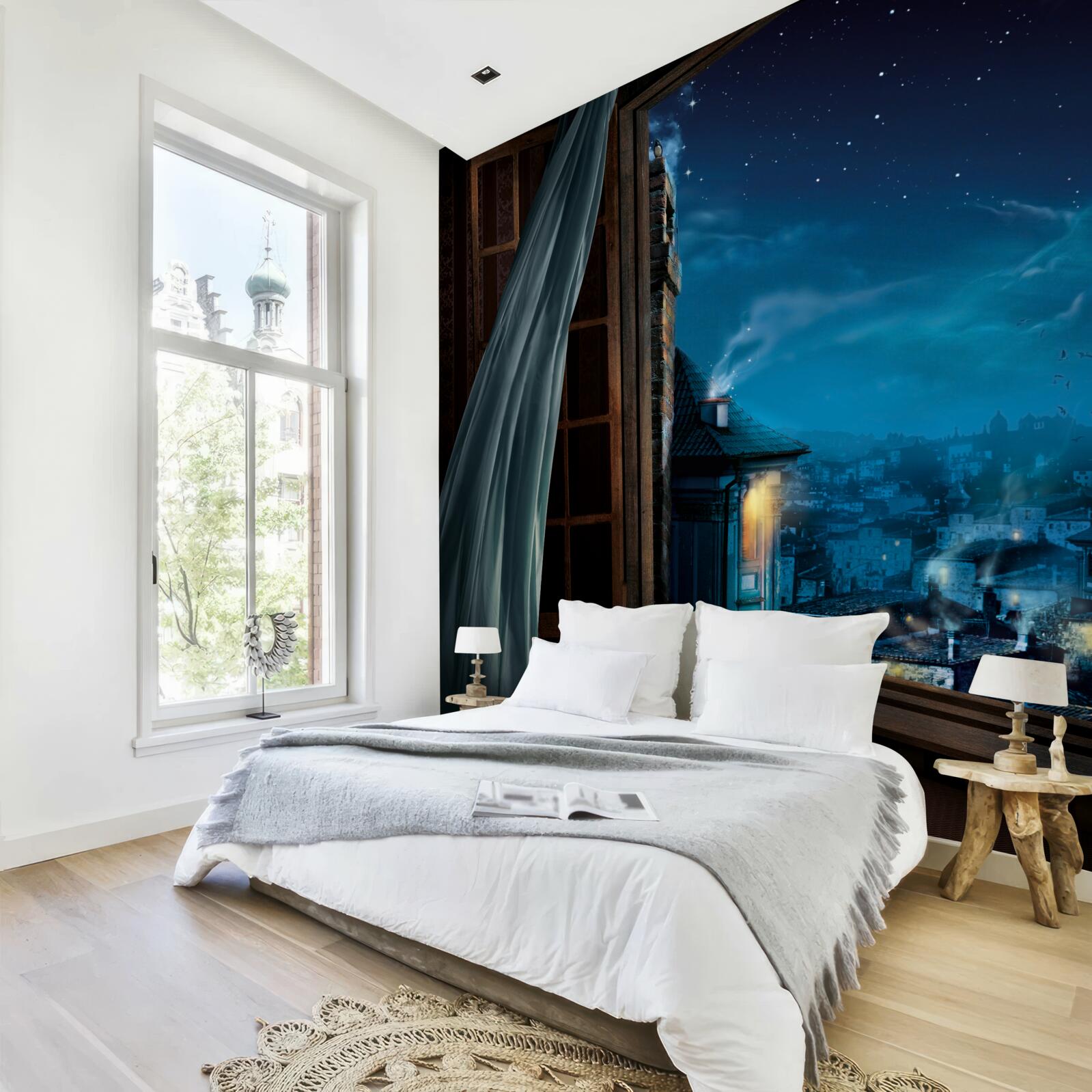 Fototapet vedere a cerului de noapte de la fereastră