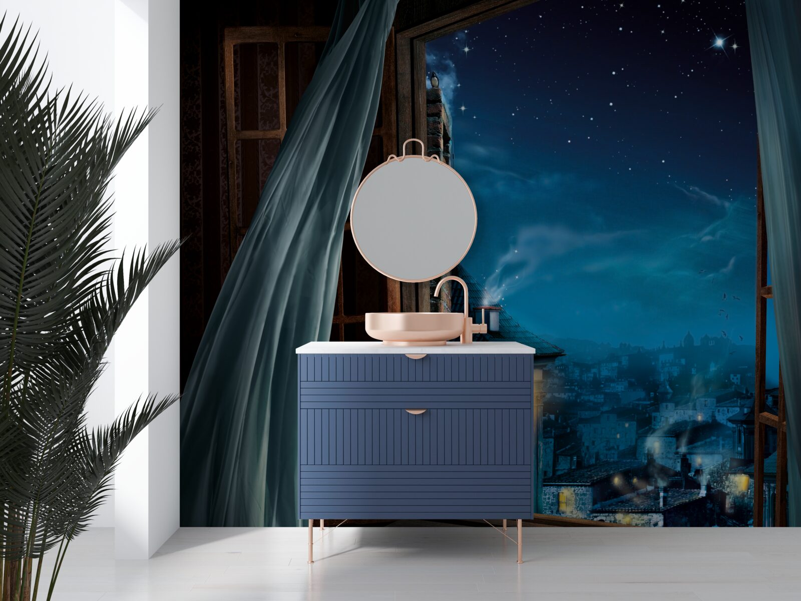 Fototapet vedere a cerului de noapte de la fereastră